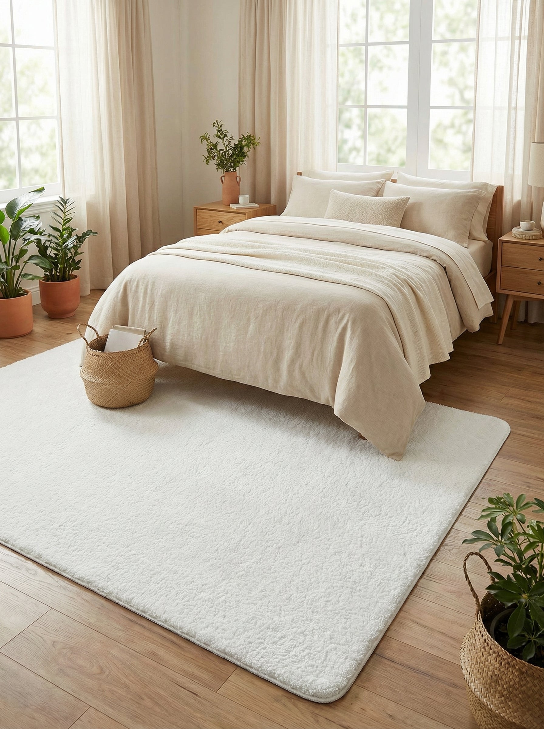 Tapis rectangulaire blanc cassé à poils longs, moelleux, posé sur un parquet clair dans une chambre lumineuse et neutre