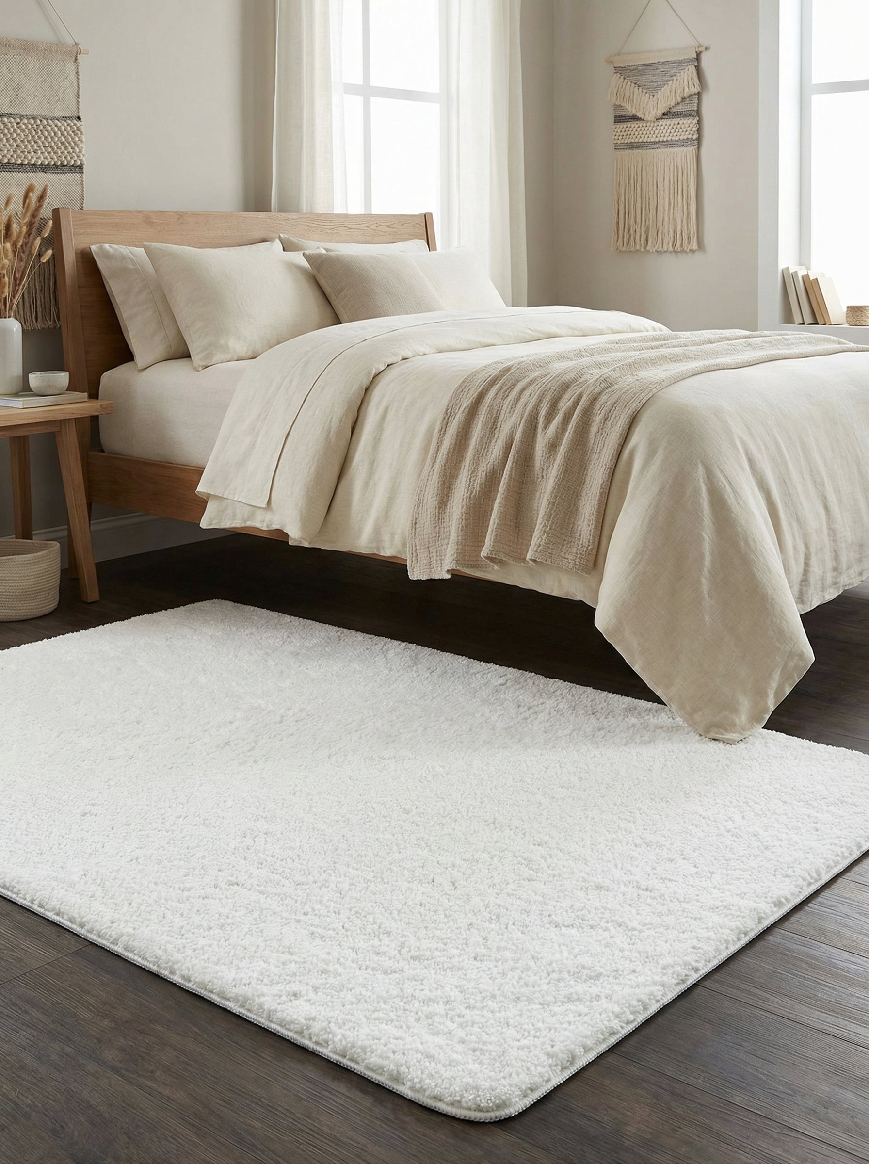 Tapis blanc rectangulaire à poils longs, apportant douceur et clarté au sol en bois foncé d'une chambre à coucher lumineuse