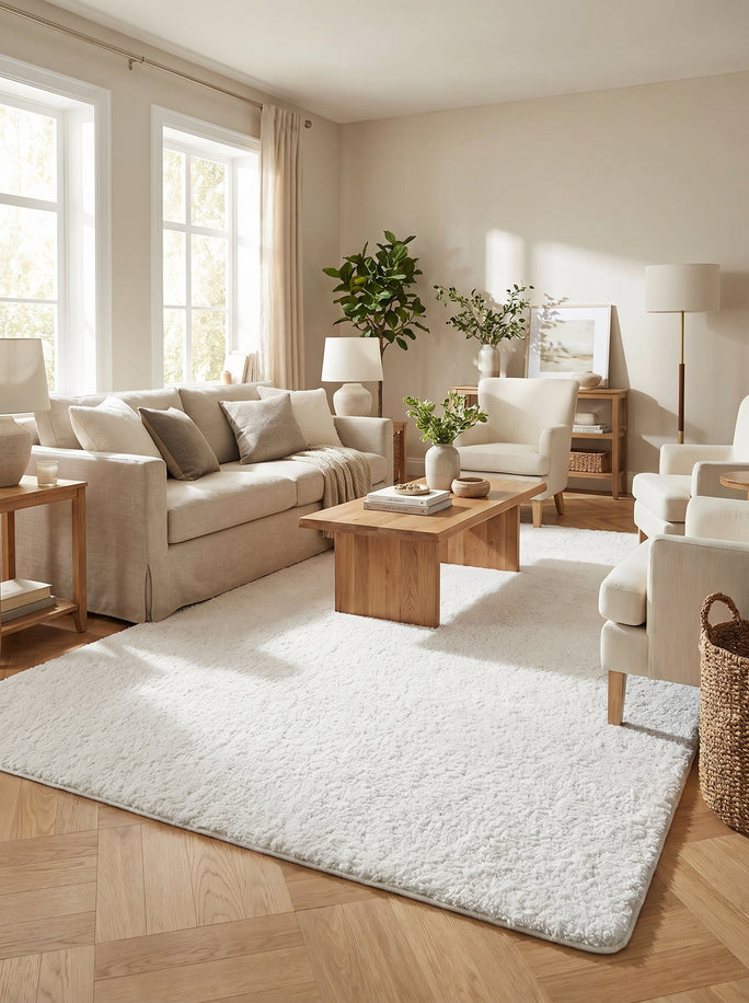 Ivory White Shaggy Washable Rug - Sahel