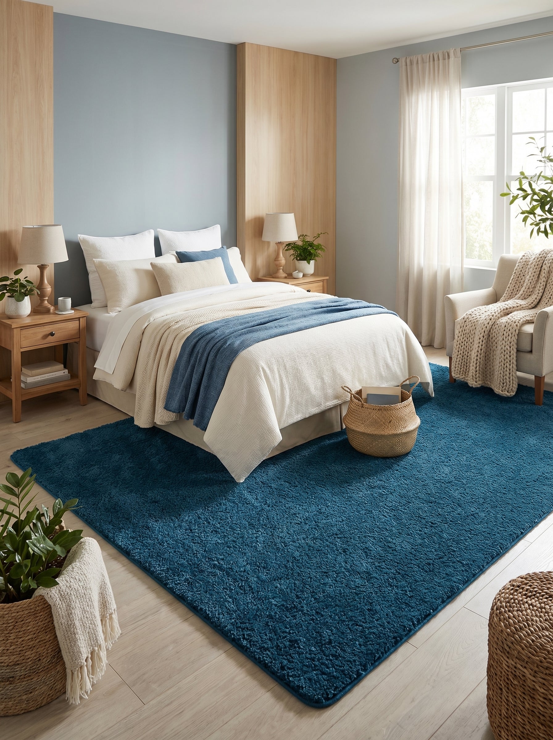 Tapis rectangulaire épais bleu pétrole à longs poils doux, posé sur le parquet clair d'une chambre décorée