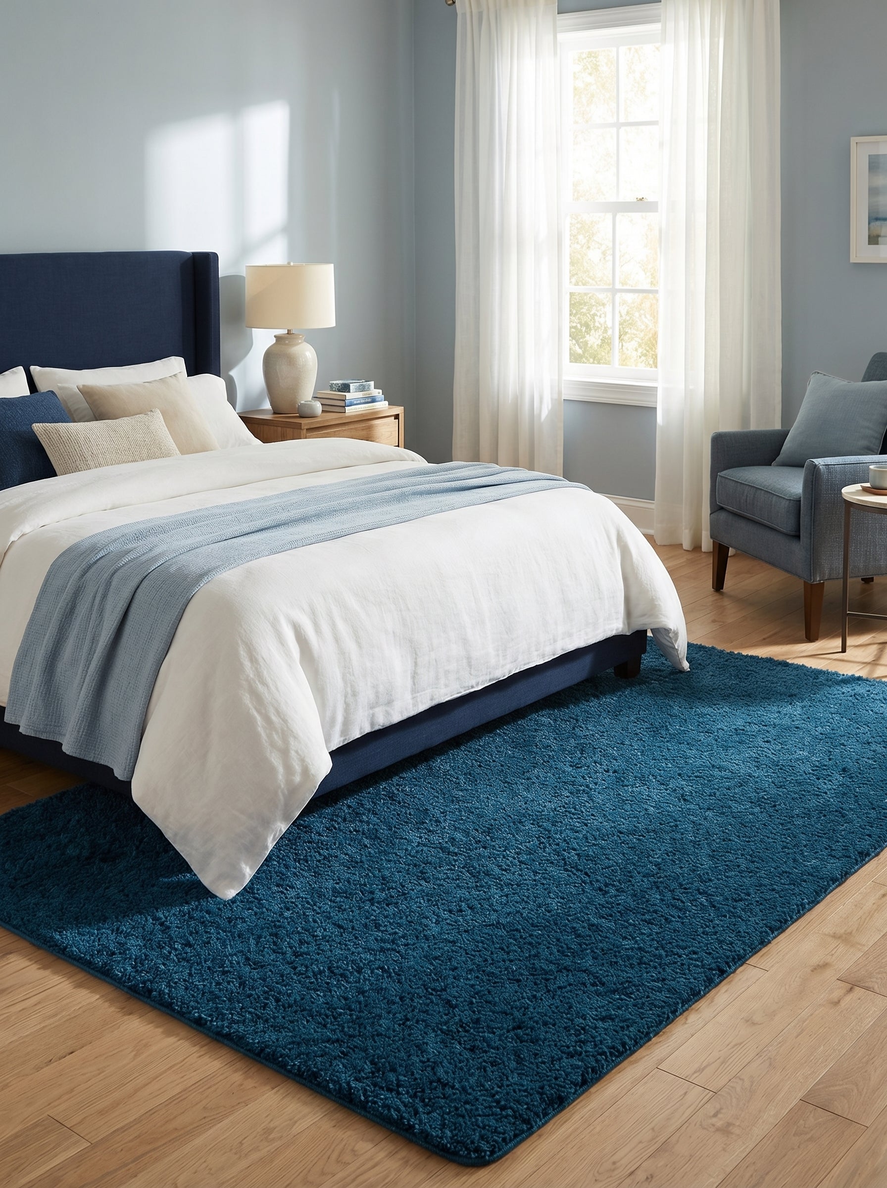 Tapis rectangulaire bleu pétrole à poils longs et doux, posé sur un plancher en bois dans une chambre lumineuse