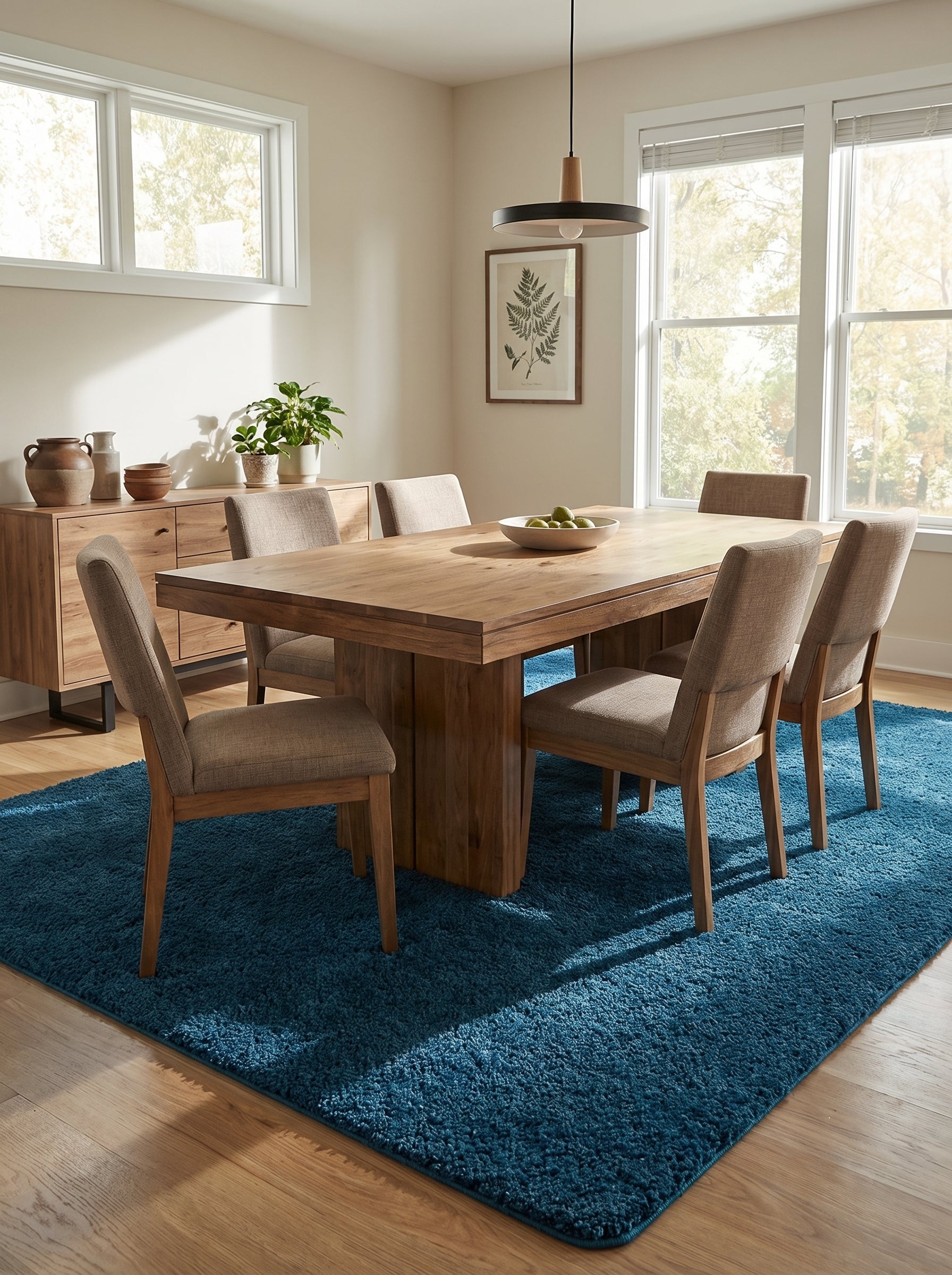 Tapis rectangulaire bleu profond à poils longs sous une table de salle à manger en bois