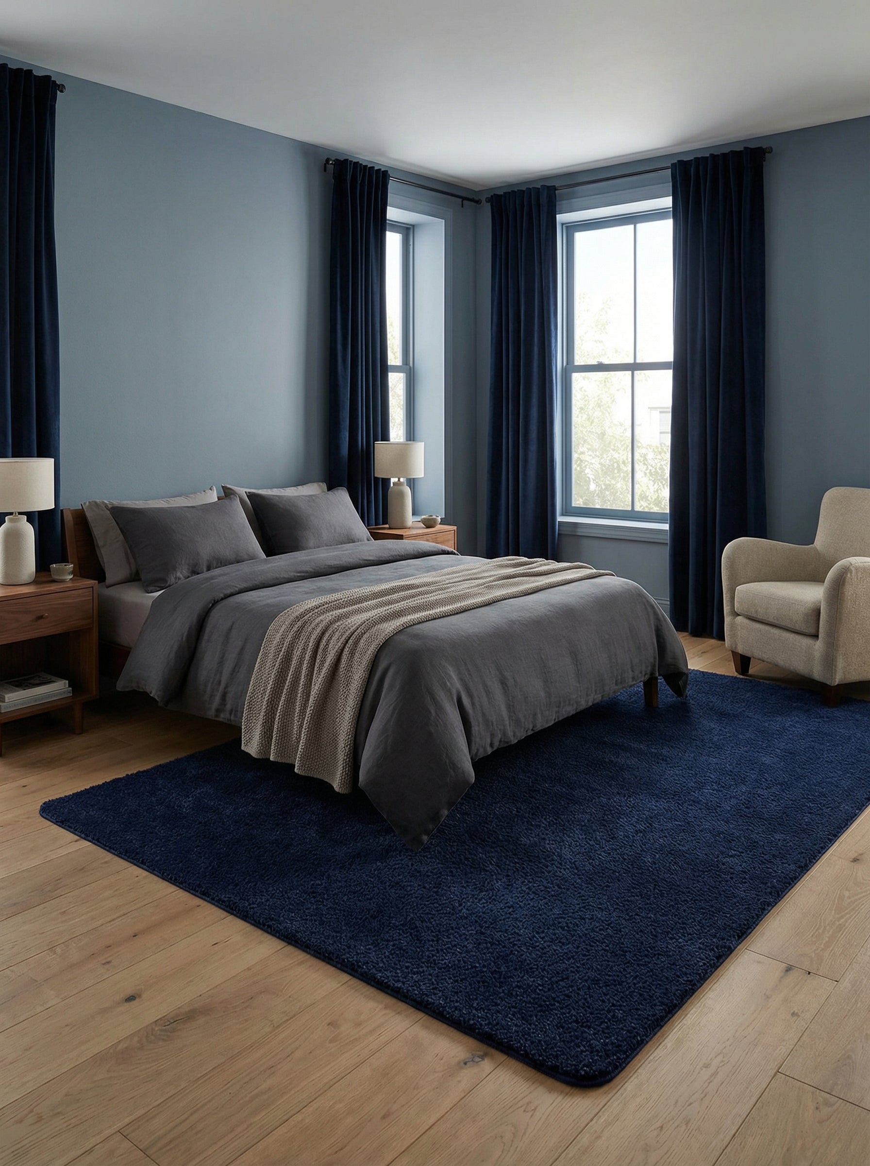Tapis rectangulaire bleu marine à poils longs et moelleux posé sur un plancher en bois clair dans une chambre élégante