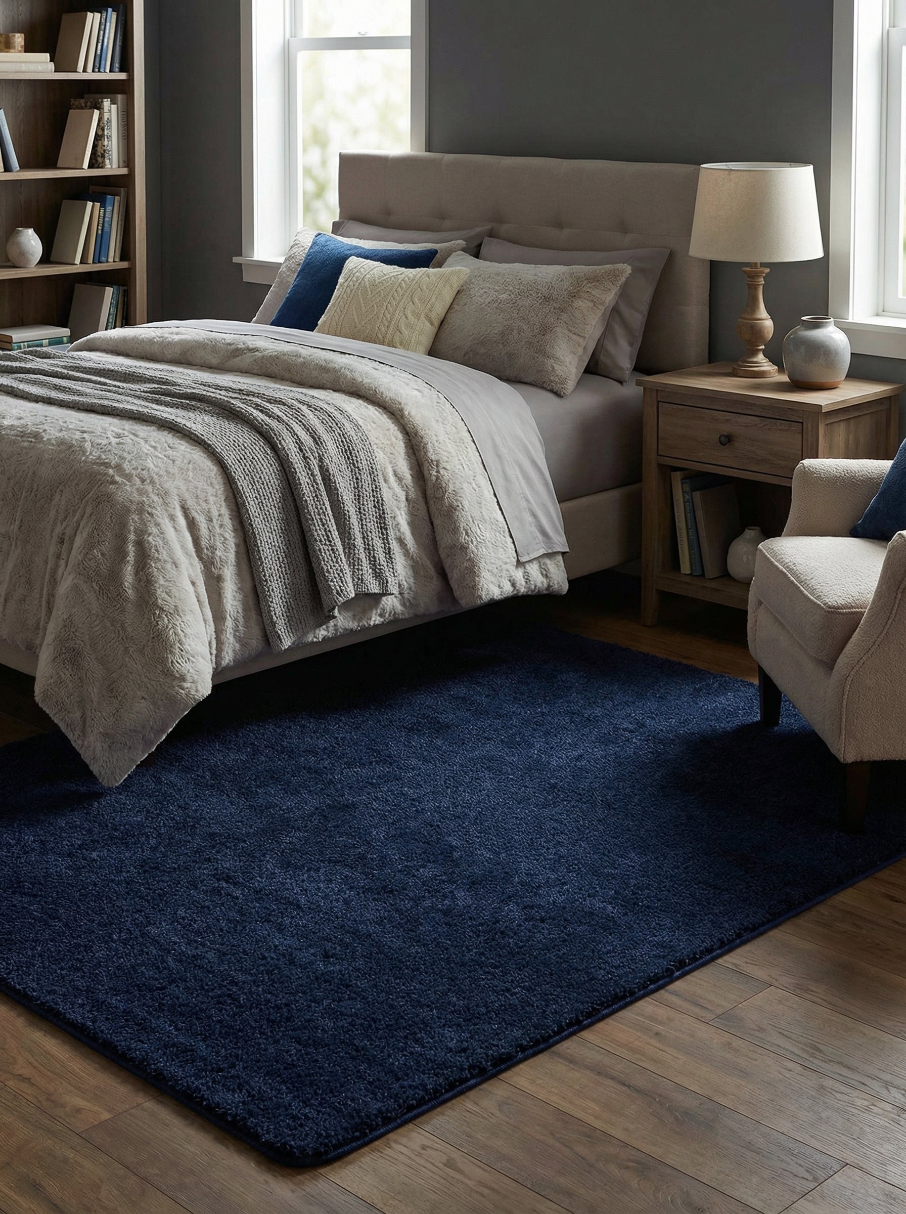 Tapis rectangulaire bleu marine à poils longs et doux posé sur un parquet en bois dans une chambre
