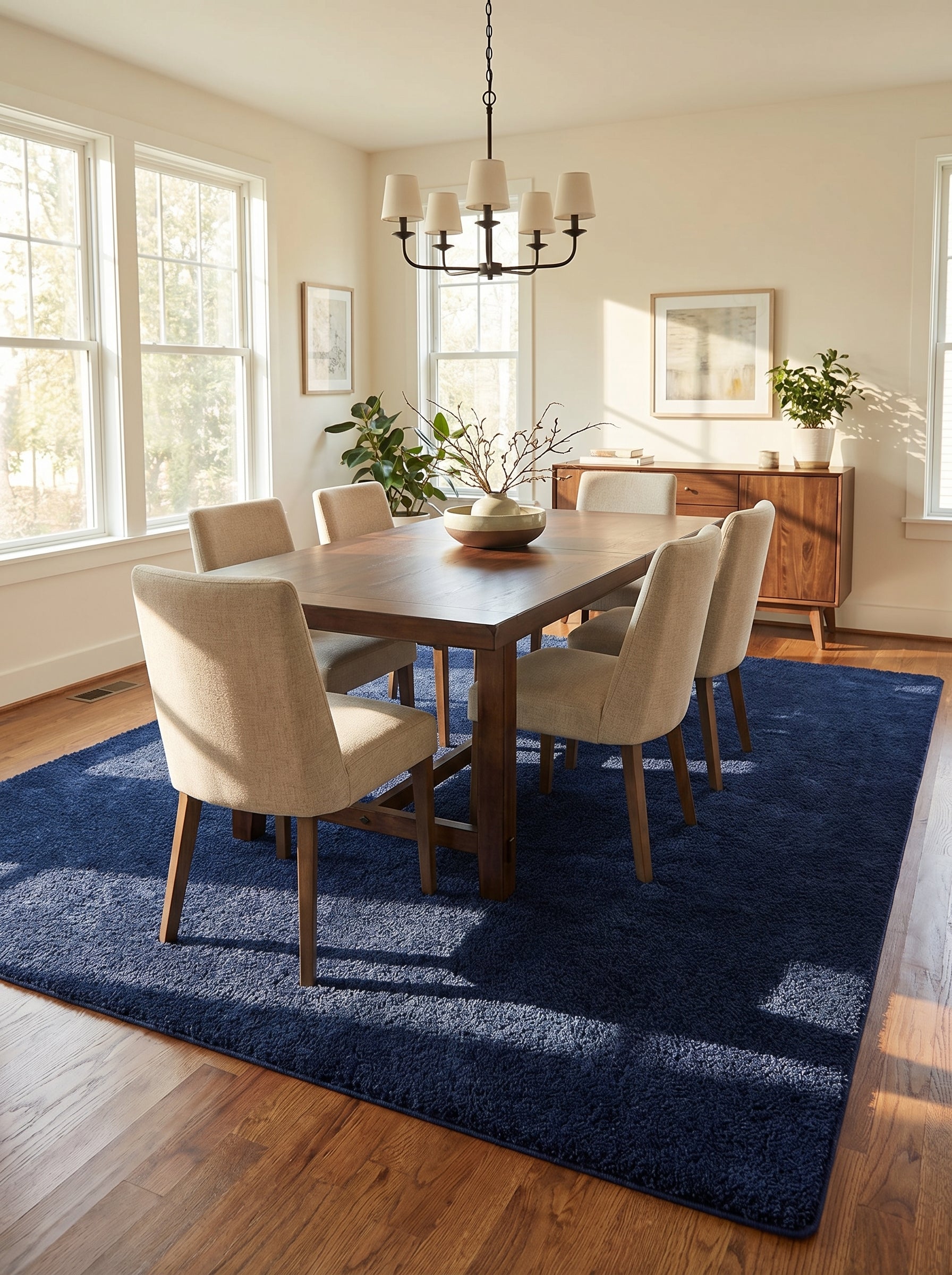 Tapis rectangulaire bleu marine à poils longs sous une table de salle à manger en bois, dans une pièce lumineuse