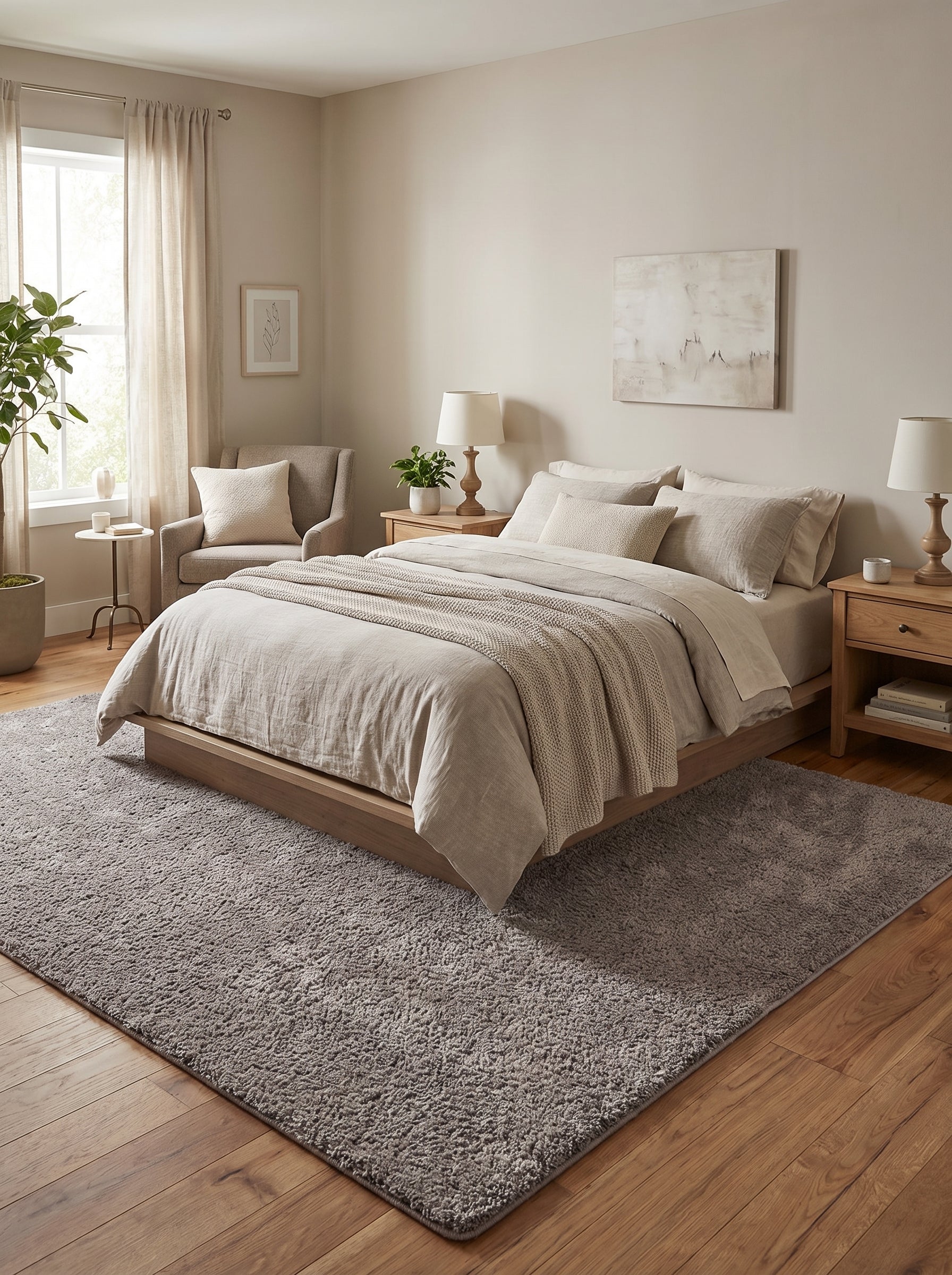 Tapis rectangulaire gris uni à poils longs, moelleux, posé au sol d'une chambre lumineuse avec un lit et un fauteuil