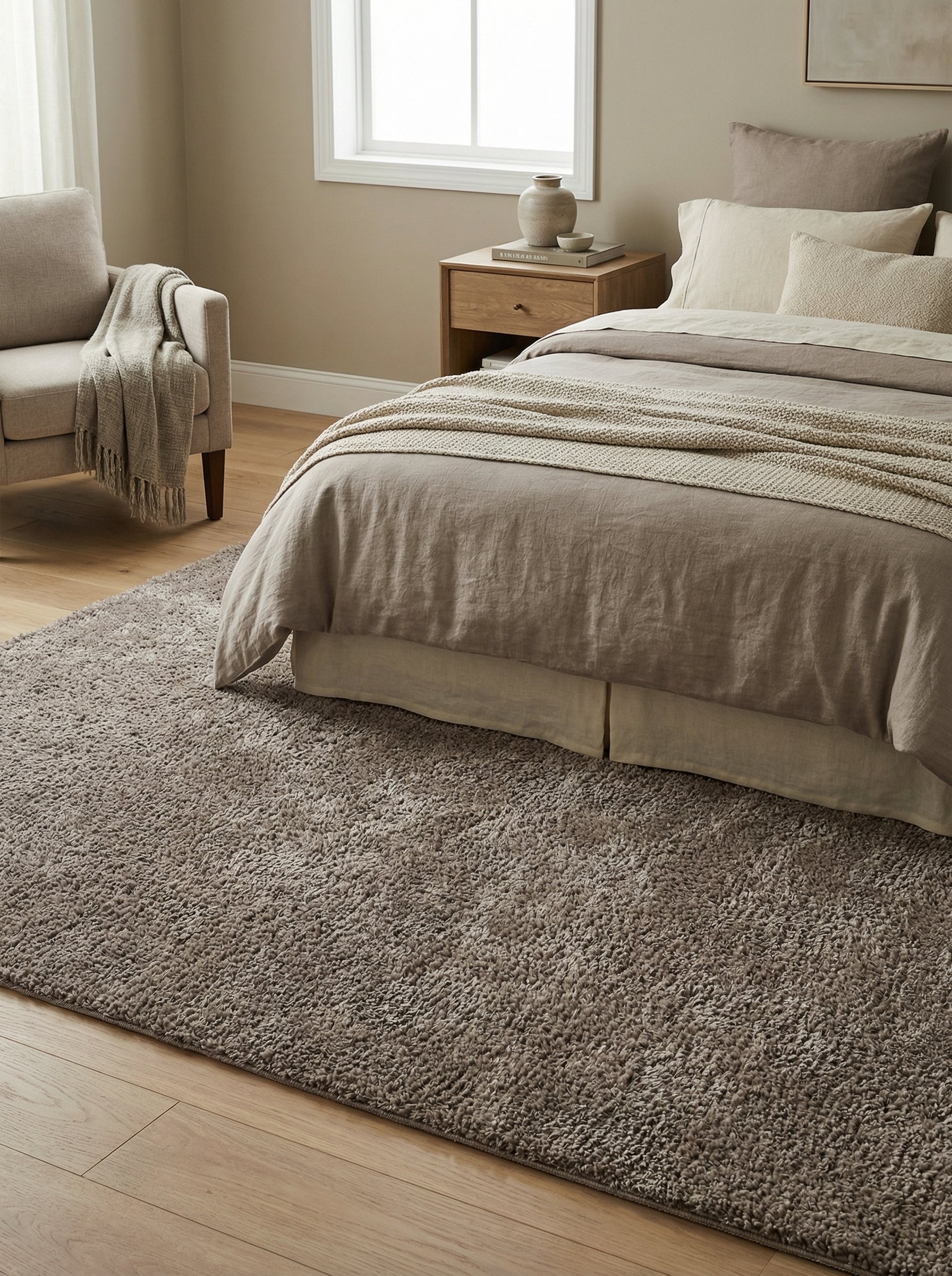 Grand tapis à poils longs de couleur taupe-marron clair, couvrant le sol en bois d'une chambre cosy
