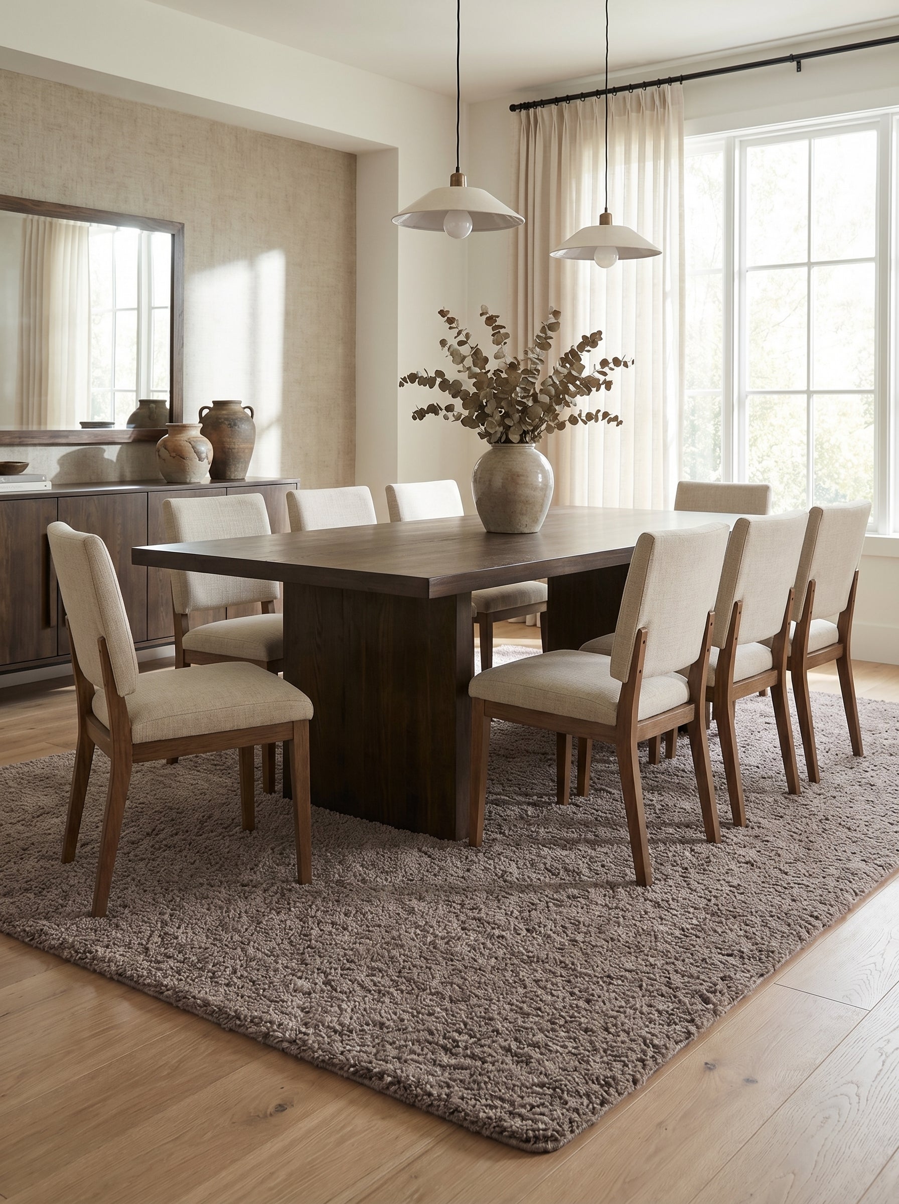 Tapis rectangulaire shaggy couleur taupe aux poils longs et texturés posé dans une salle à manger moderne et lumineuse