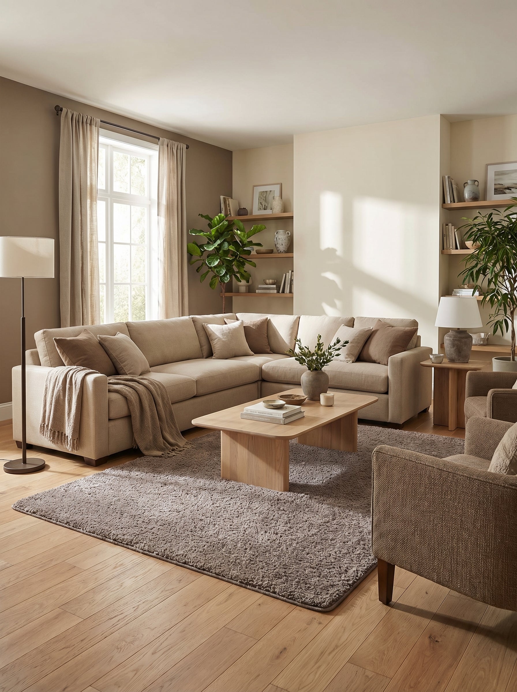 Tapis rectangulaire gris-taupe à poils longs et moelleux, posé sur un parquet clair dans un salon
