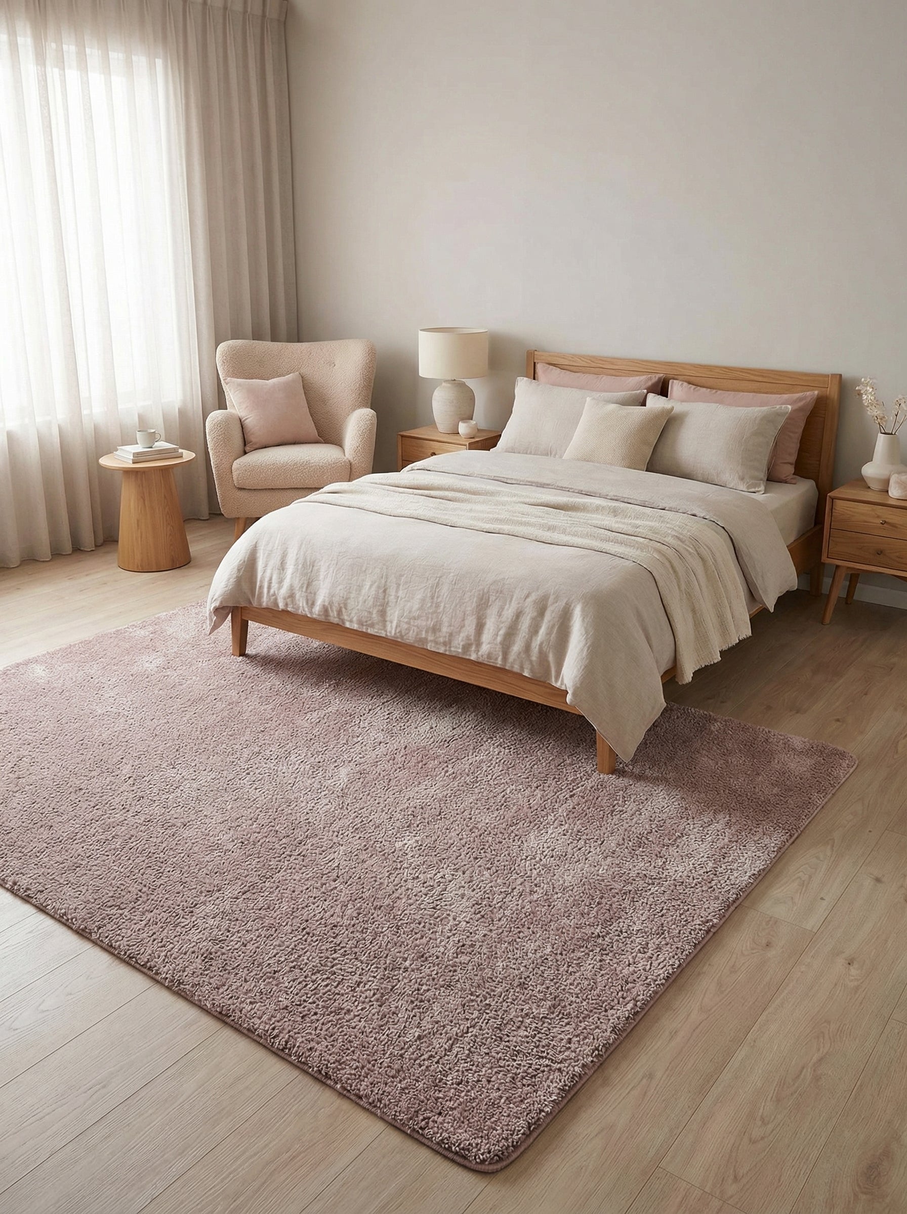 Tapis rectangulaire à poils longs, de couleur vieux rose uni, posé sur un parquet clair dans une chambre à coucher