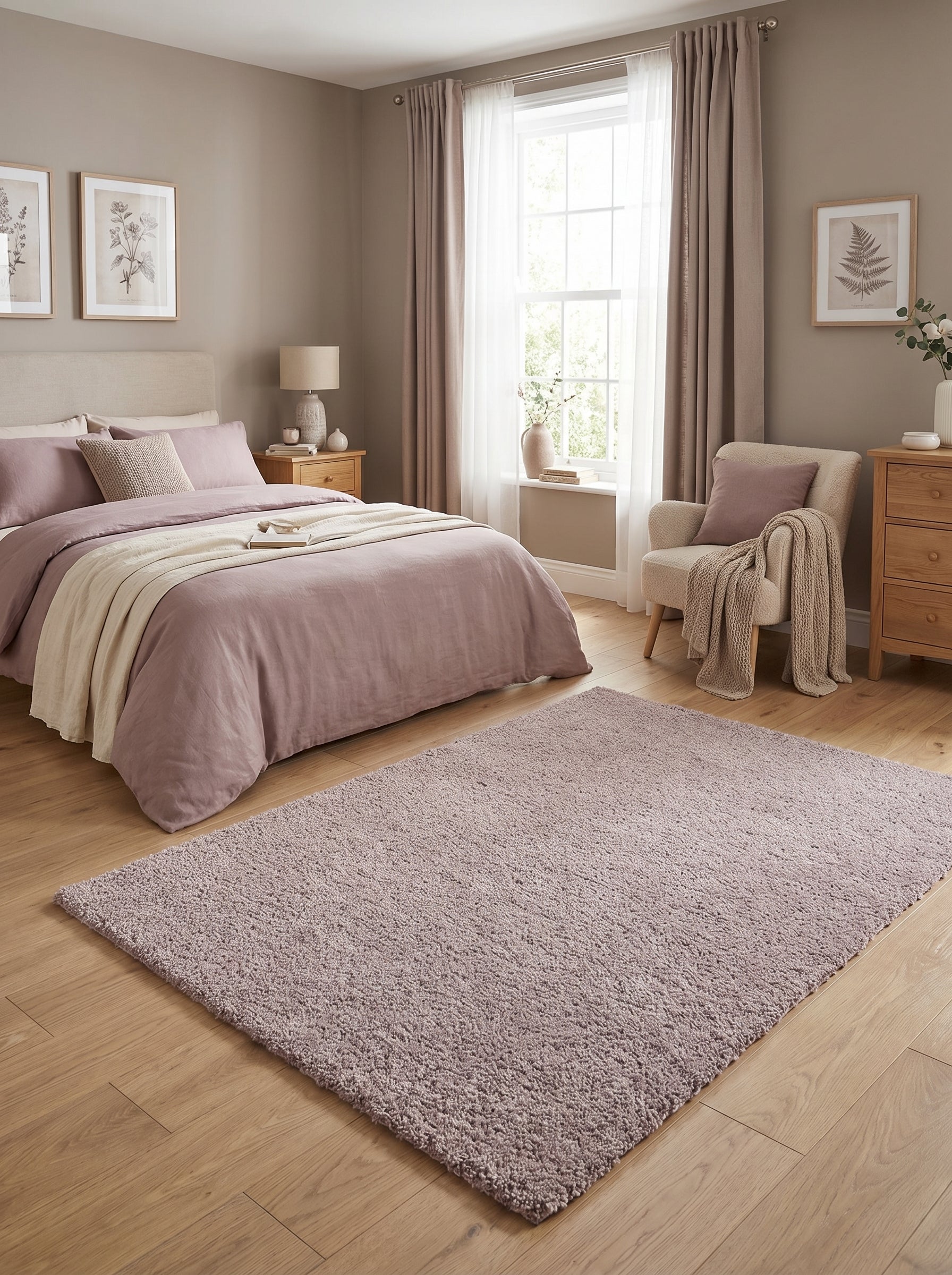 Tapis rectangulaire à poils longs rose poudré, posé sur un parquet clair dans une chambre à coucher décorée