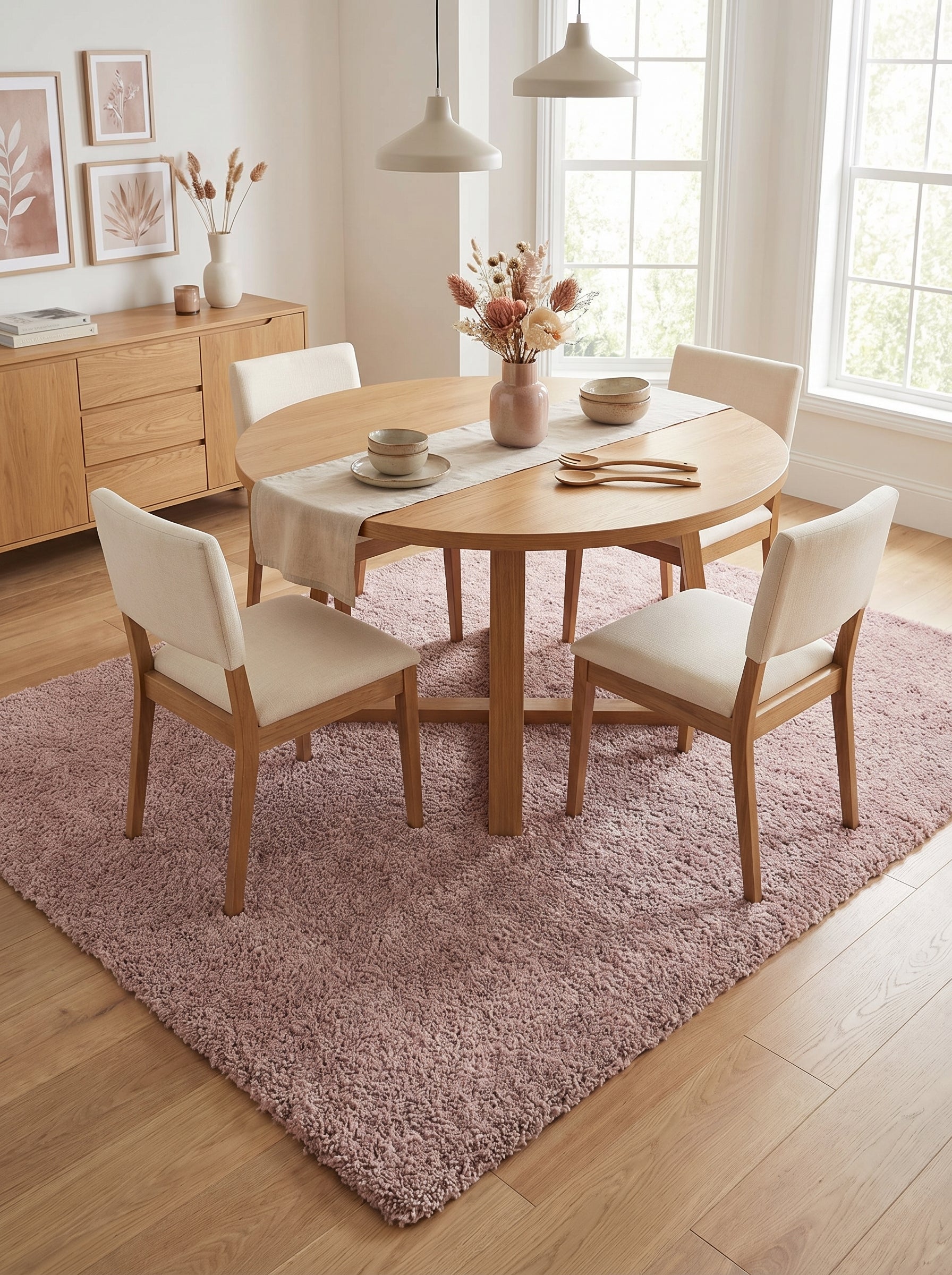 Tapis rose poudré moelleux et texturé sous une table à manger en bois clair avec chaises, dans une salle à manger lumineuse