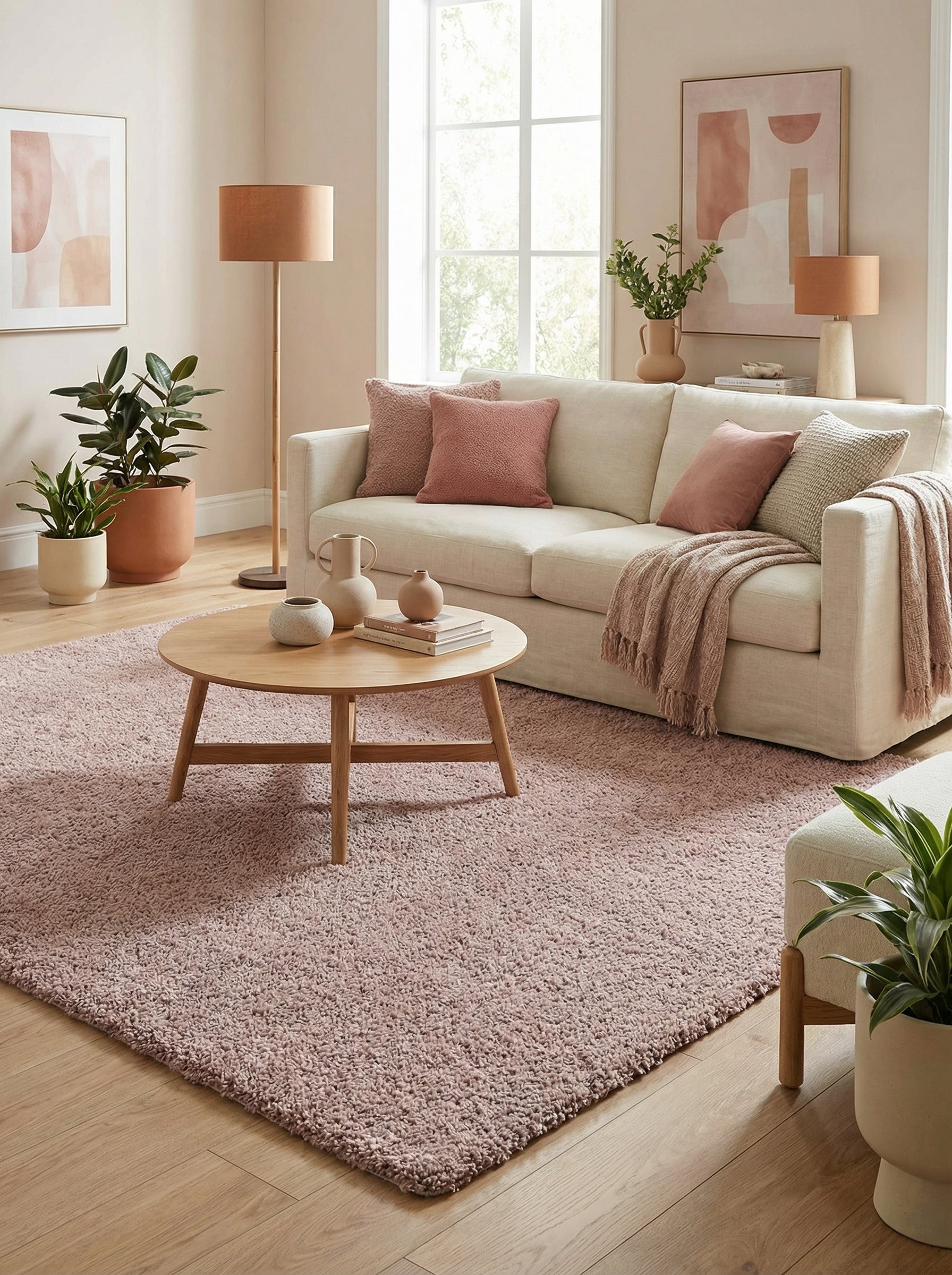 Tapis rectangulaire rose poudré, épais et texturé à poils longs, couvrant la majeure partie du sol d'un salon lumineux