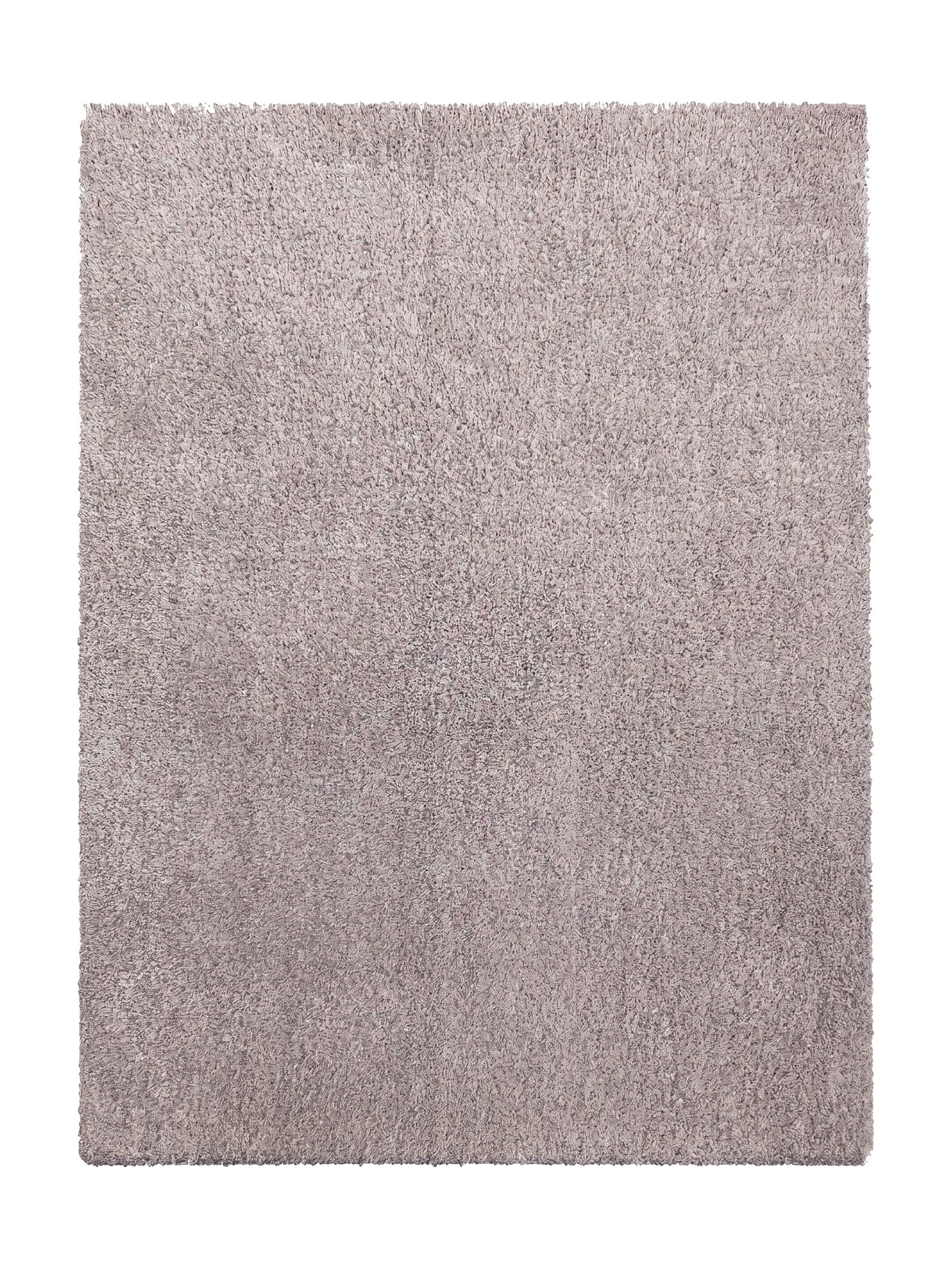 Tapis rectangulaire à poils longs doux, de couleur gris-beige clair, avec une texture rappelant la fourrure