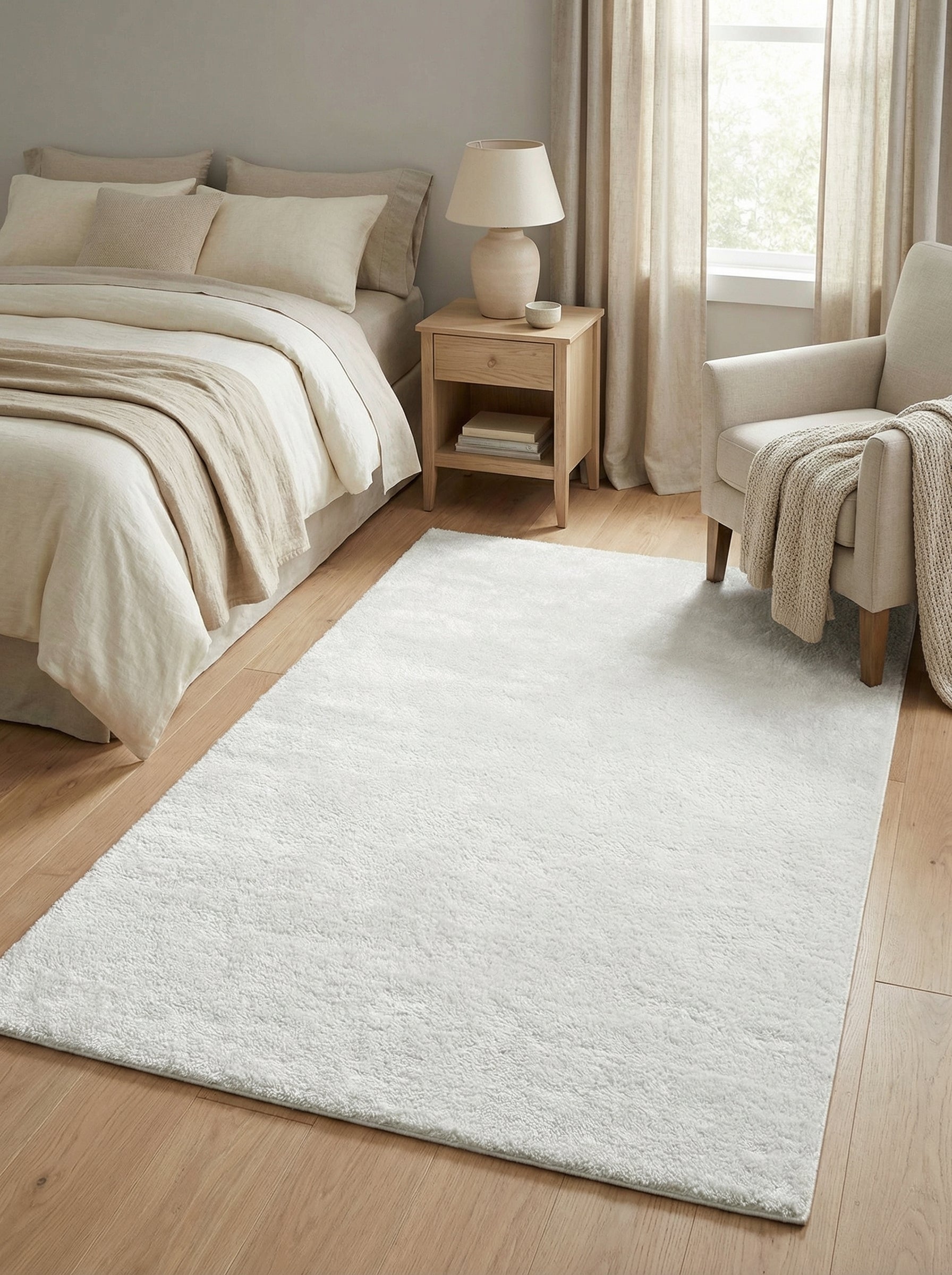 Tapis rectangulaire blanc cassé à poils longs posé sur un parquet clair dans une chambre aux tons neutres