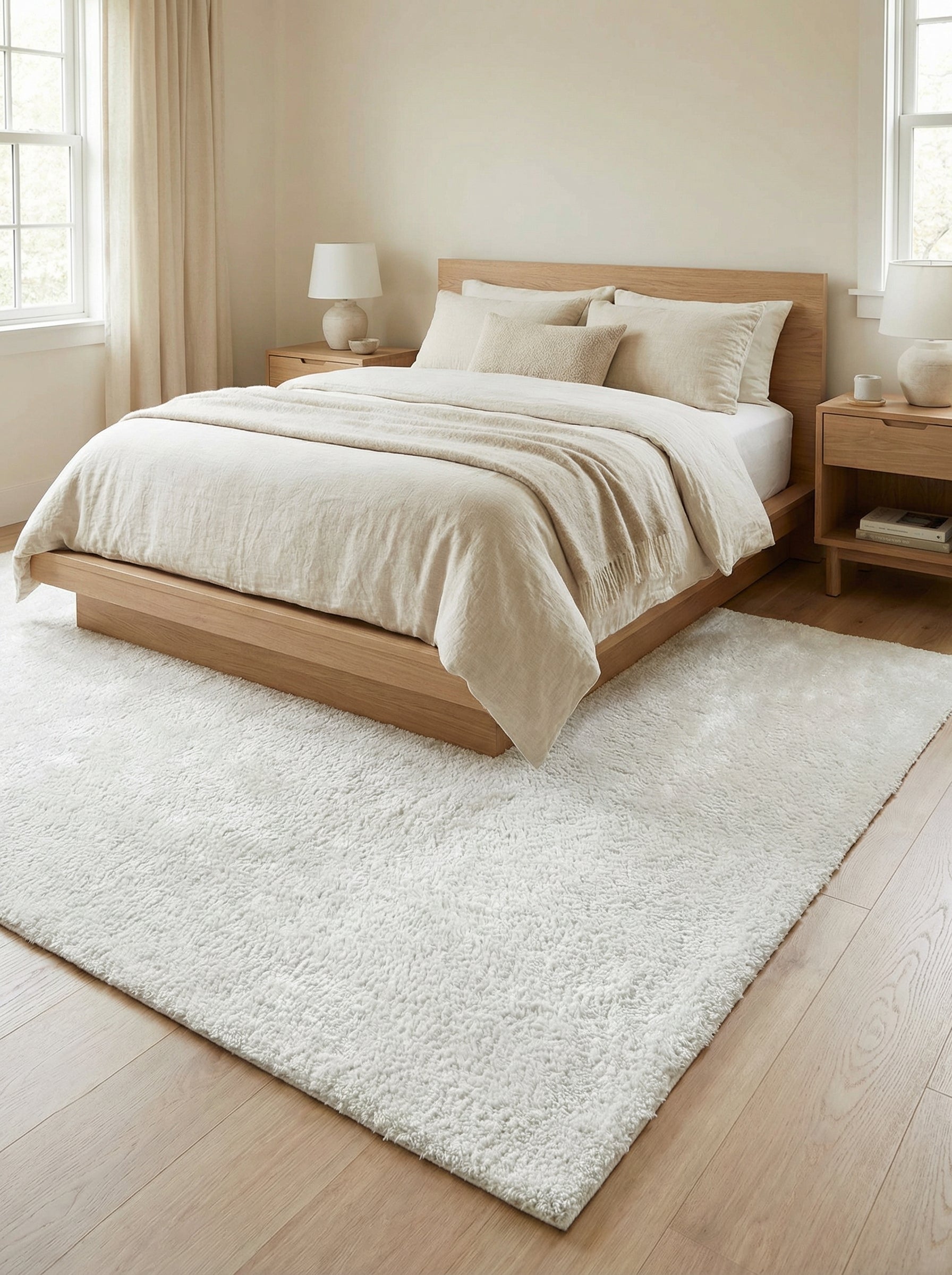Grand tapis rectangulaire blanc crème à poils longs et épais, posé sur un parquet clair dans une chambre lumineuse