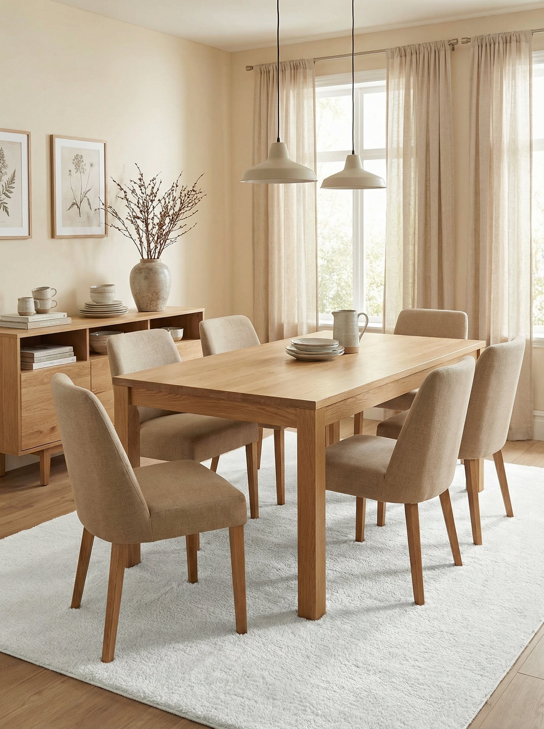 Tapis rectangulaire blanc cassé et moelleux sous une table en bois et ses chaises dans une salle à manger lumineuse