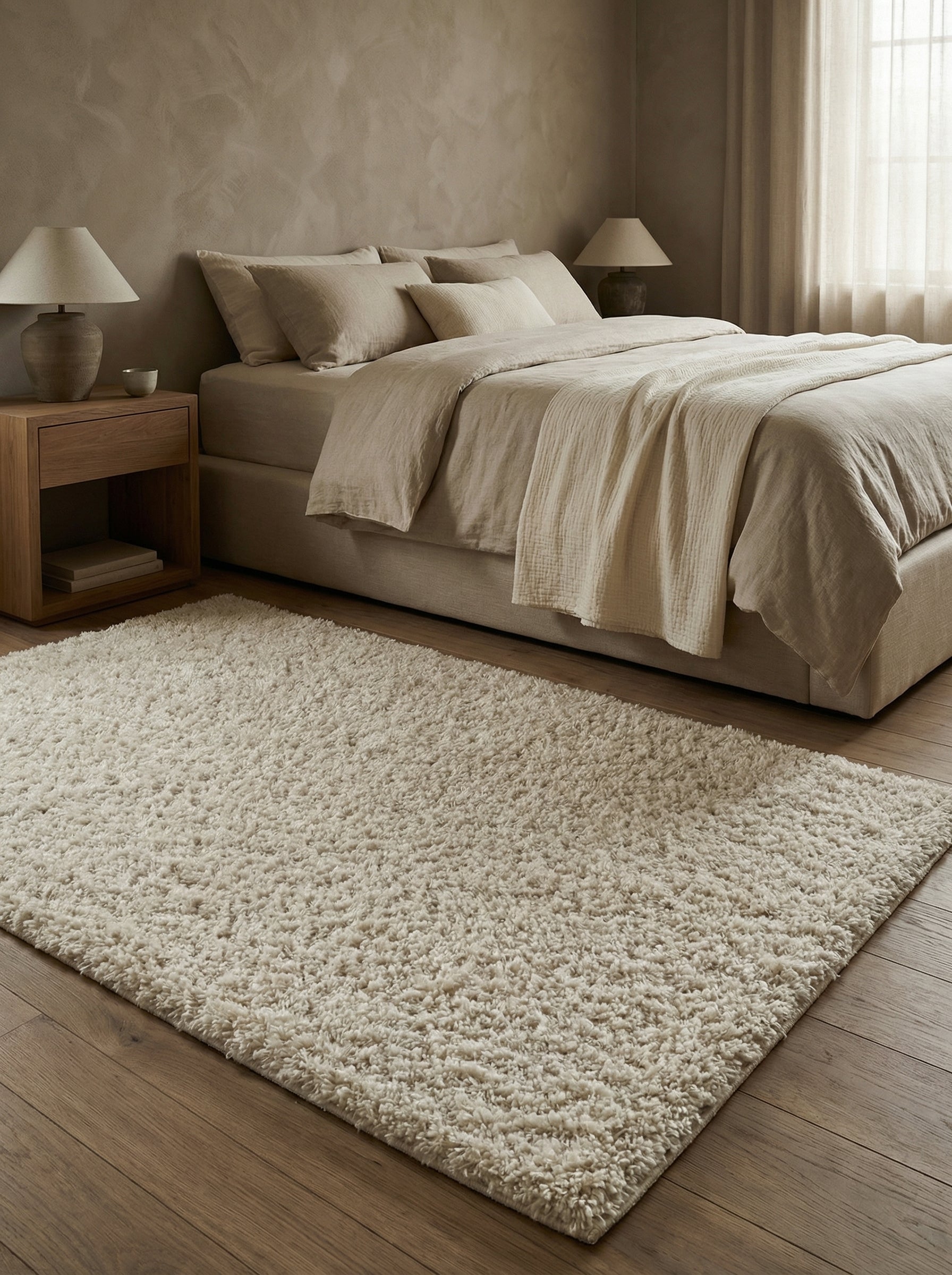 Tapis rectangulaire crème à poils longs et très moelleux sur un parquet en bois dans une chambre à coucher aux tons doux