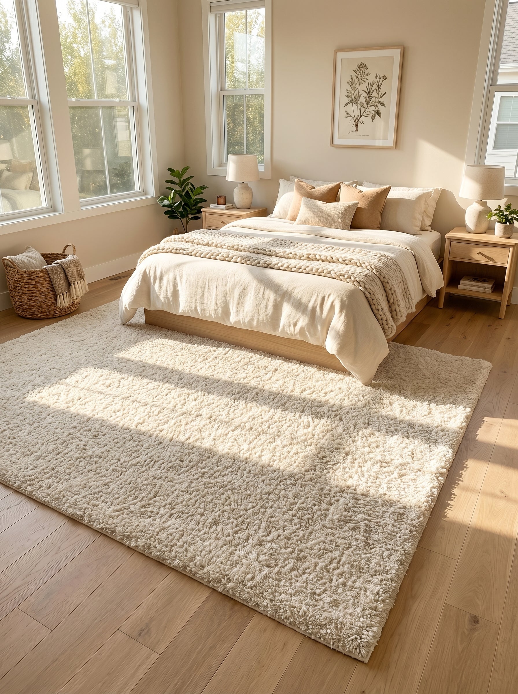 Grand tapis rectangulaire crème à poils longs et doux, recevant la lumière du soleil dans une chambre à coucher moderne