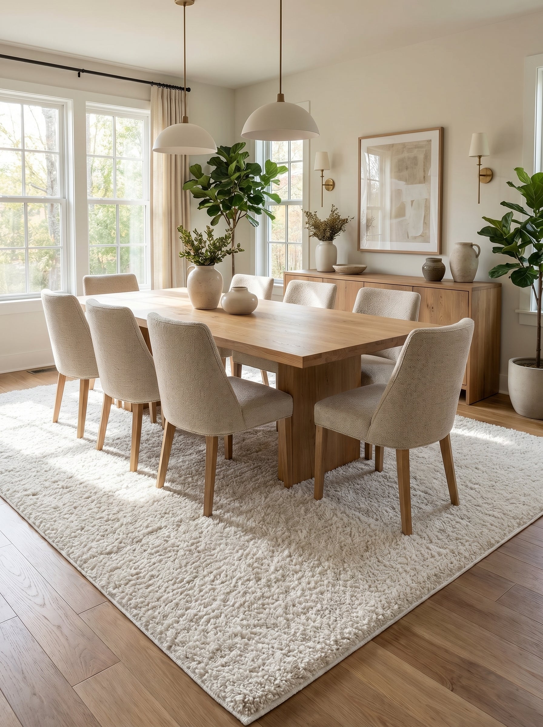Tapis rectangulaire blanc cassé, à poils longs et très texturés, créant un aspect doux dans une salle à manger lumineuse