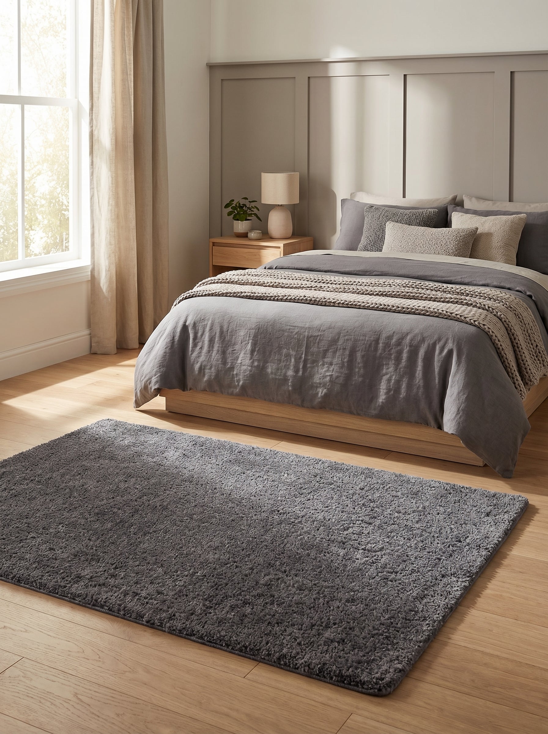 Tapis rectangulaire gris anthracite à poils longs, posé sur un parquet en bois clair devant un lit dans une chambre moderne