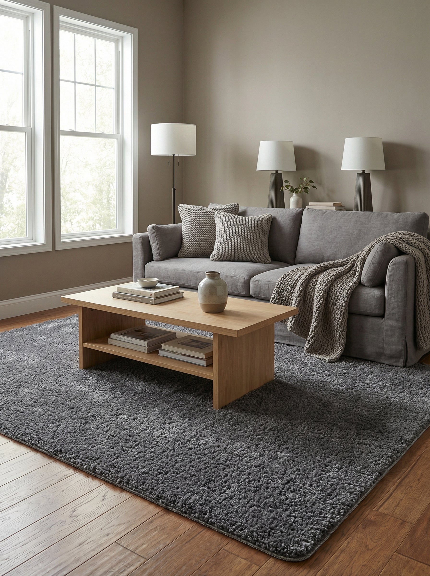 Tapis rectangulaire gris foncé à poils longs posé sur un parquet en bois dans un salon lumineux