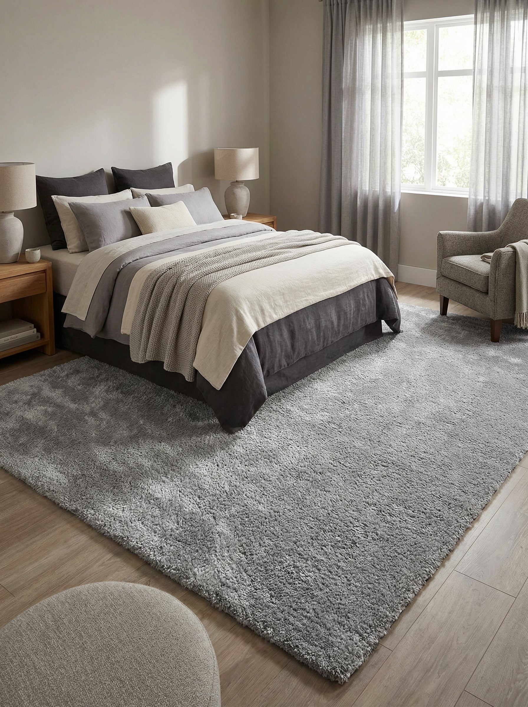 Tapis rectangulaire gris clair moucheté à poils longs et moelleux, sur le parquet d'une chambre moderne