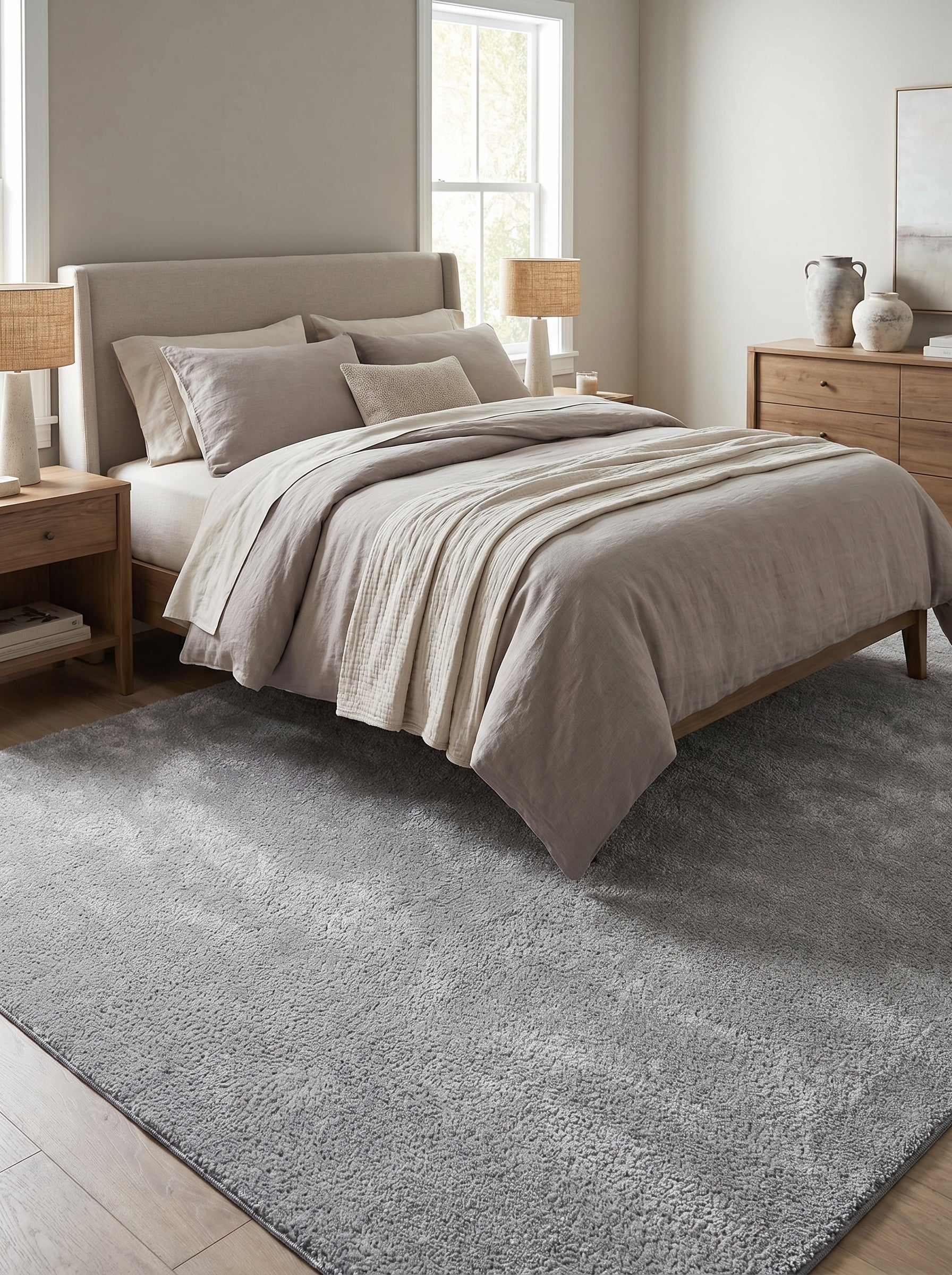 Grand tapis rectangulaire gris chiné moelleux posé sur le plancher d'une chambre à coucher