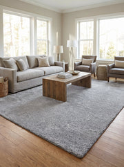 Grand tapis rectangulaire gris uni à poils longs dans un salon moderne et lumineux
