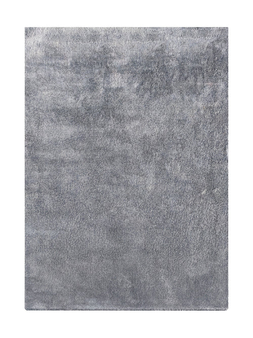 Tapis rectangulaire gris avec une texture shaggy à poils longs et un aspect doux et pelucheux