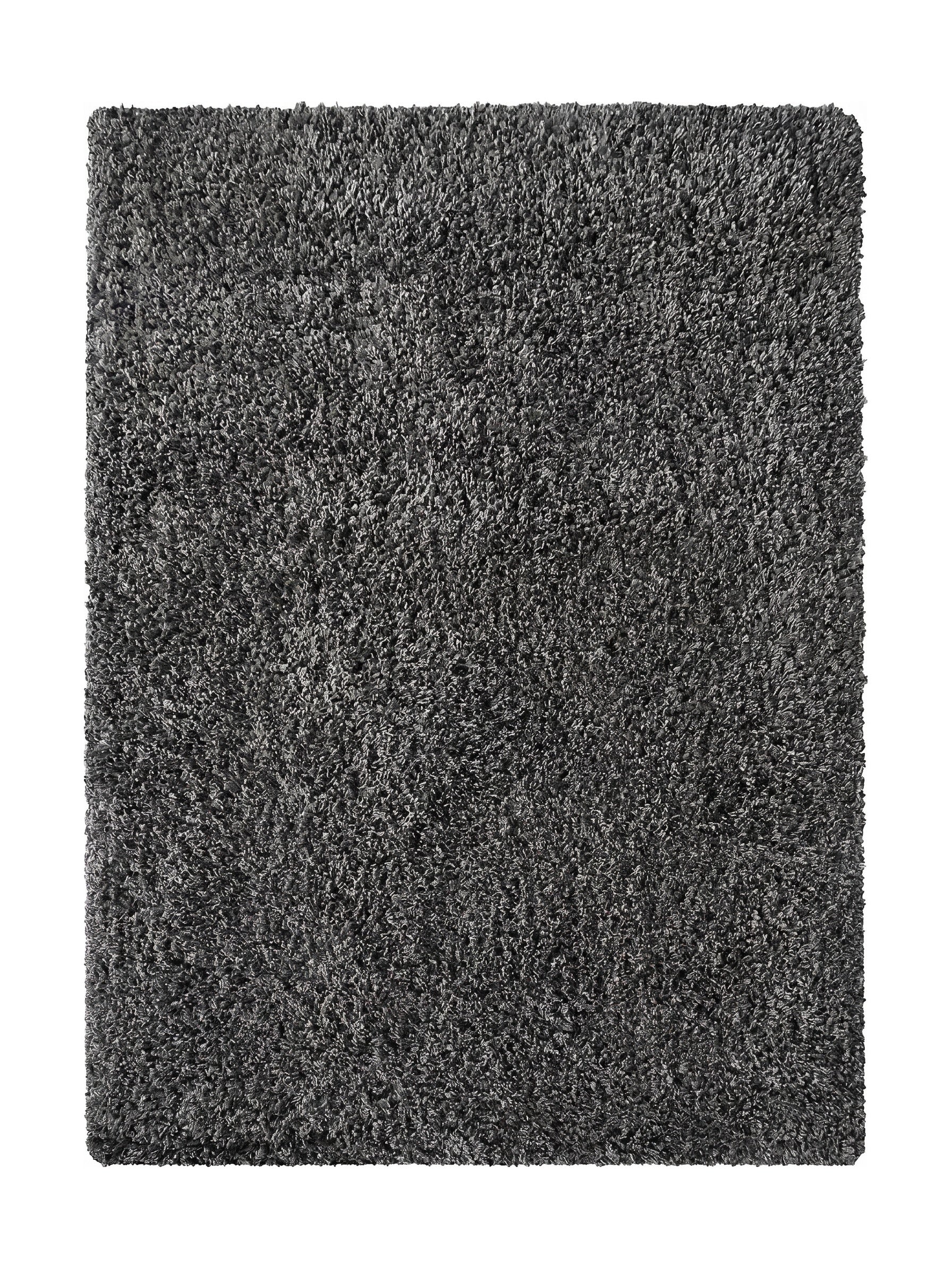 Un tapis rectangulaire gris foncé à poils longs, offrant une texture moelleuse et un aspect chiné dû aux fibres variées
