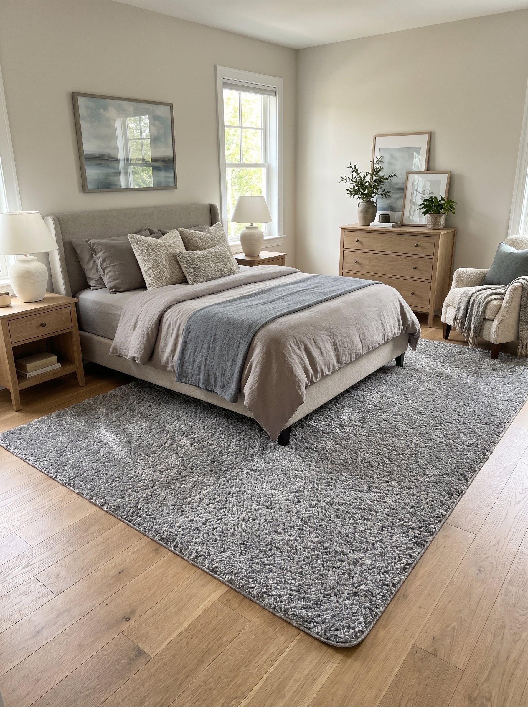 Grand tapis rectangulaire gris chiné à poils longs, apportant une texture douce au sol d'une chambre épurée