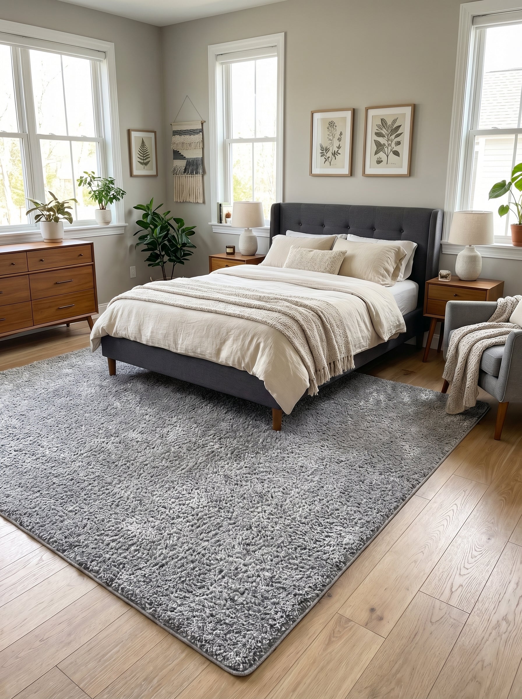 Grand tapis rectangulaire gris chiné à poils longs et moelleux, couvrant le sol d'une chambre lumineuse
