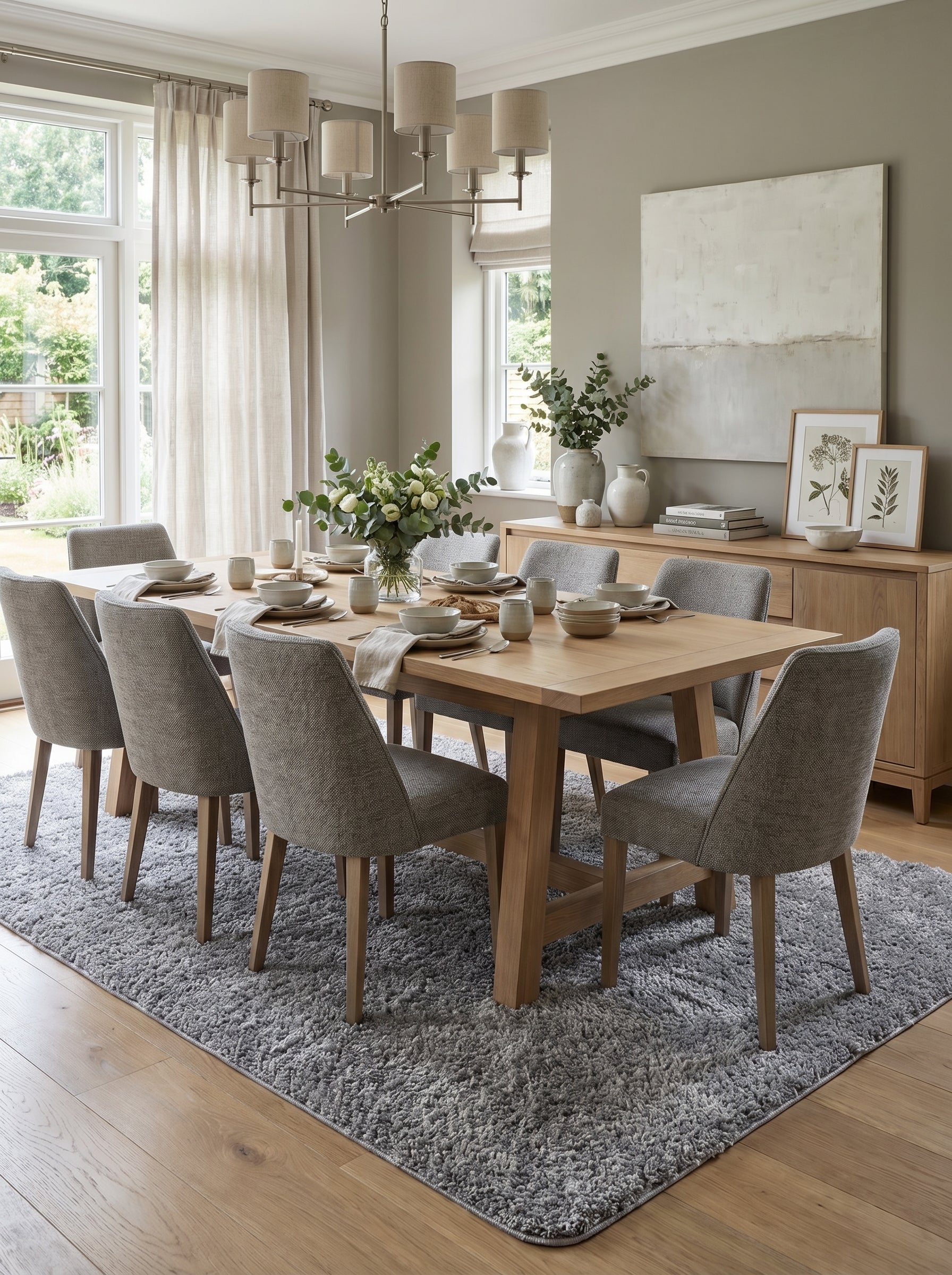Tapis rectangulaire gris clair moucheté à poils longs et épais, créant une ambiance chaleureuse dans une salle à manger moderne