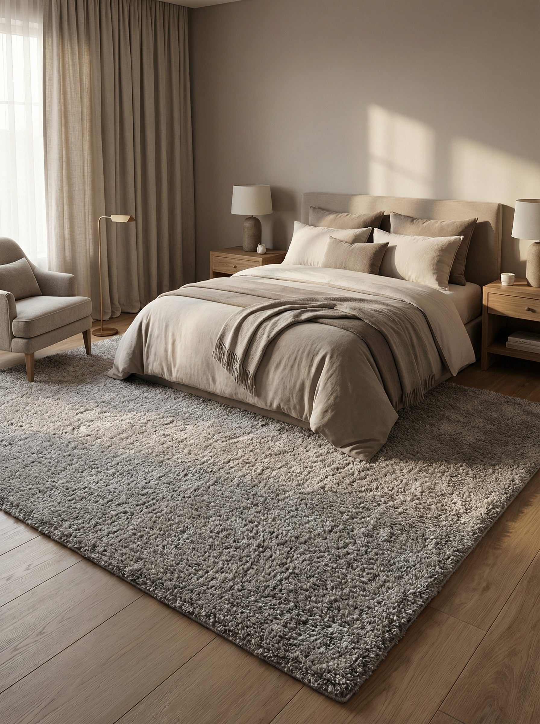 Grand tapis moelleux gris chiné à poils longs, recouvrant un parquet en bois clair dans une chambre lumineuse