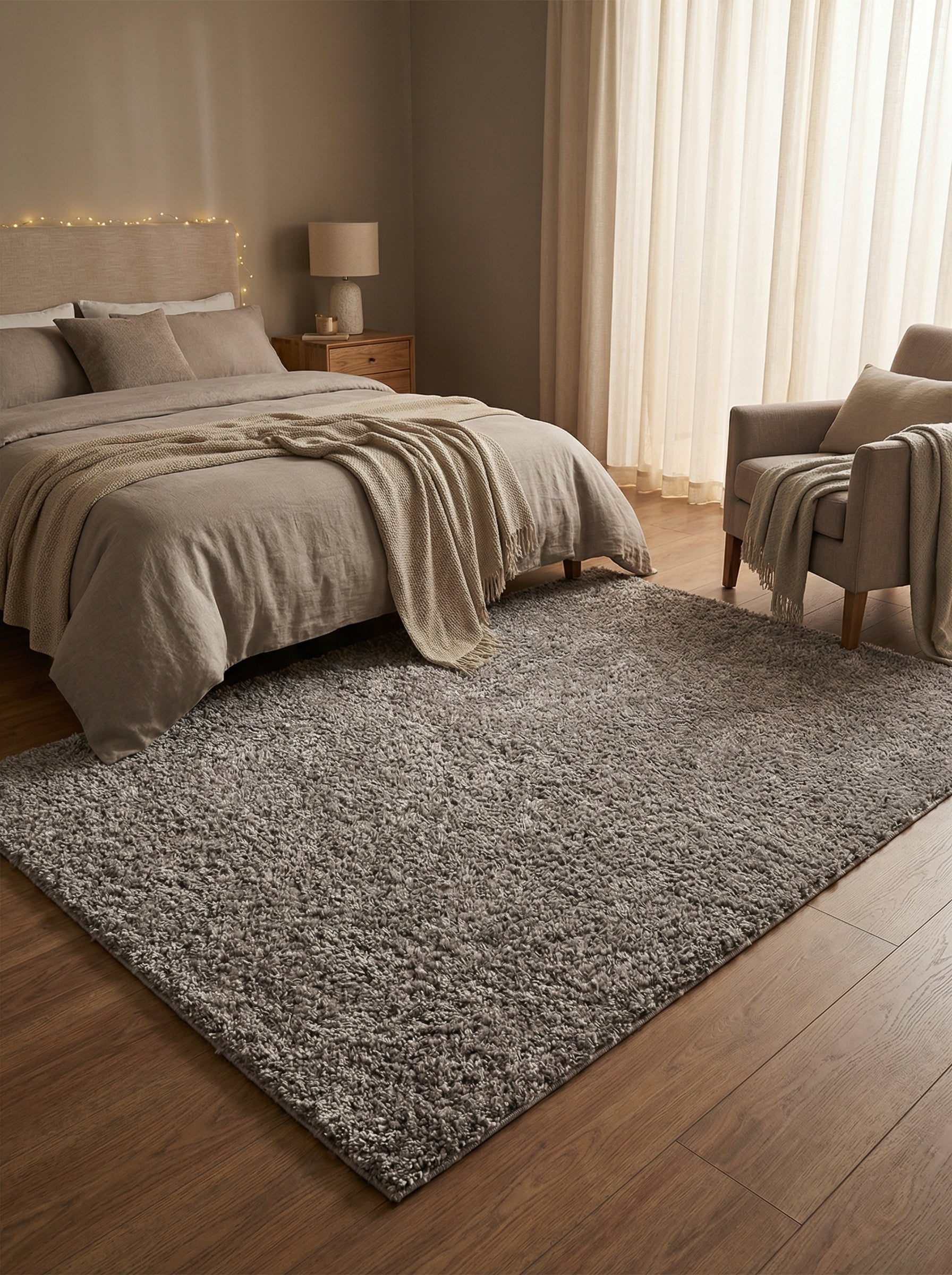 Tapis rectangulaire gris clair à poils longs et doux, sur un parquet dans une chambre