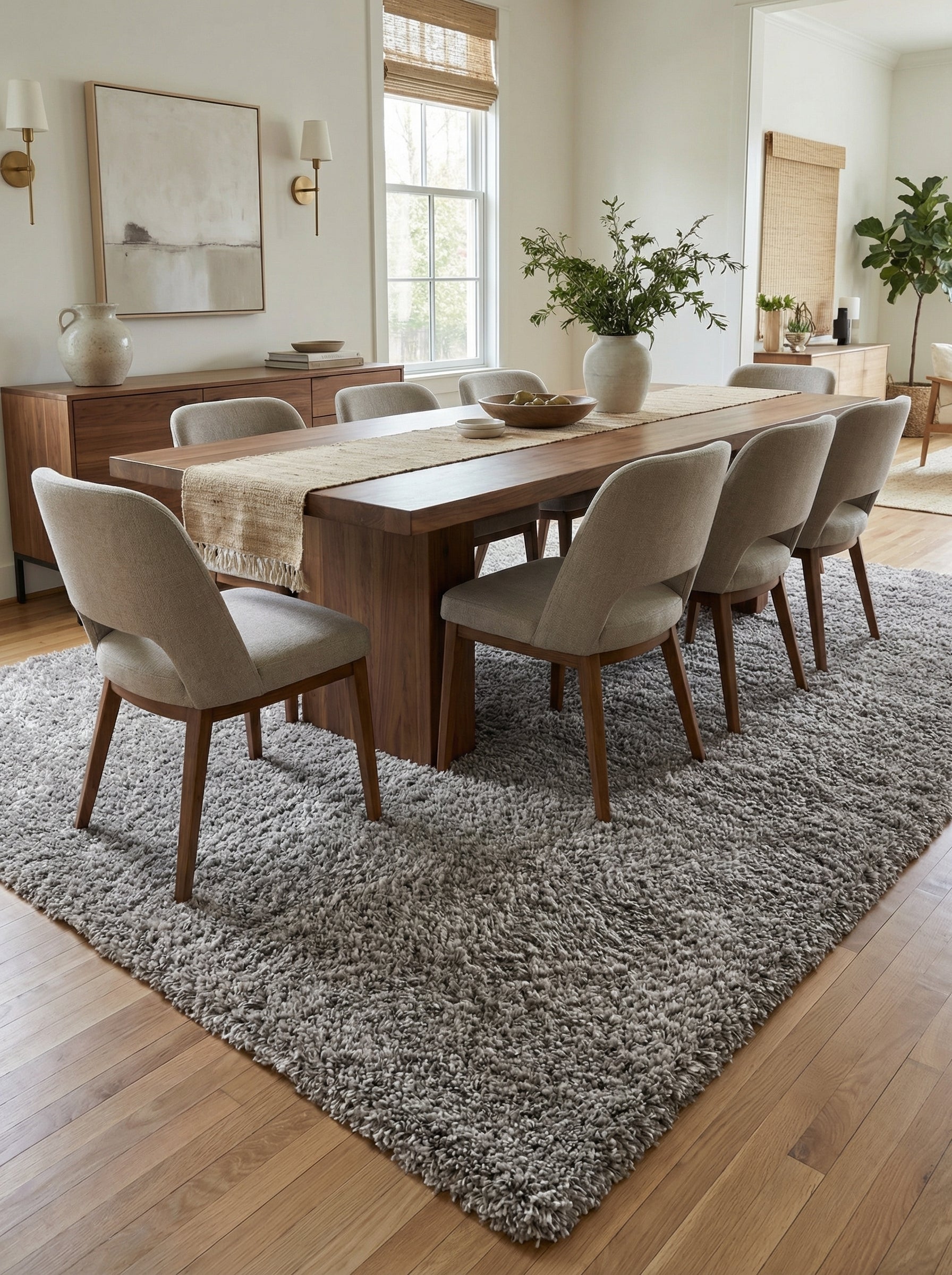 Tapis rectangulaire gris chiné à poils longs et moelleux, disposé sous la table d'une salle à manger moderne