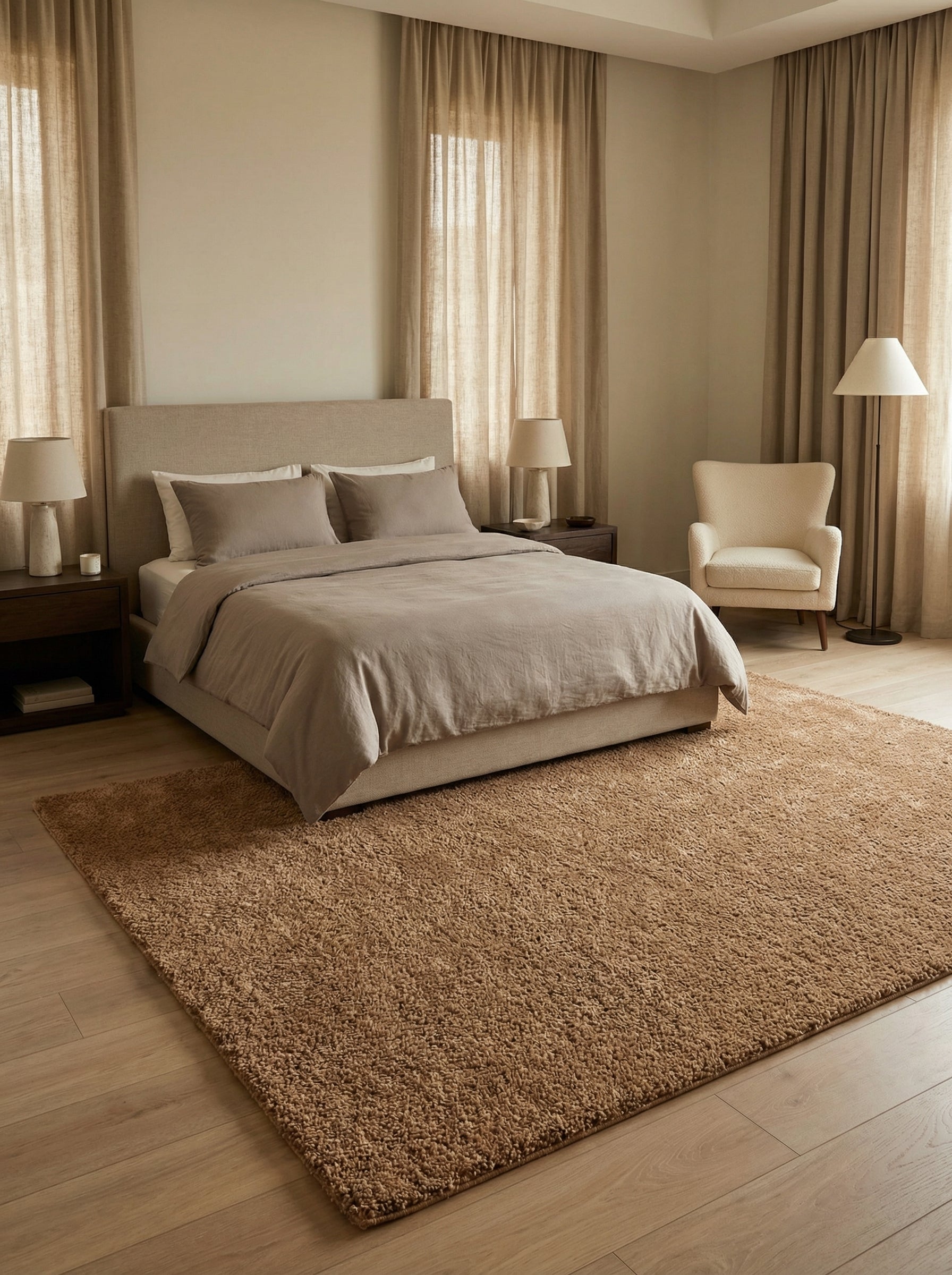 Tapis rectangulaire moelleux de couleur beige-brun clair à longs poils posé sur un parquet clair dans une chambre à coucher
