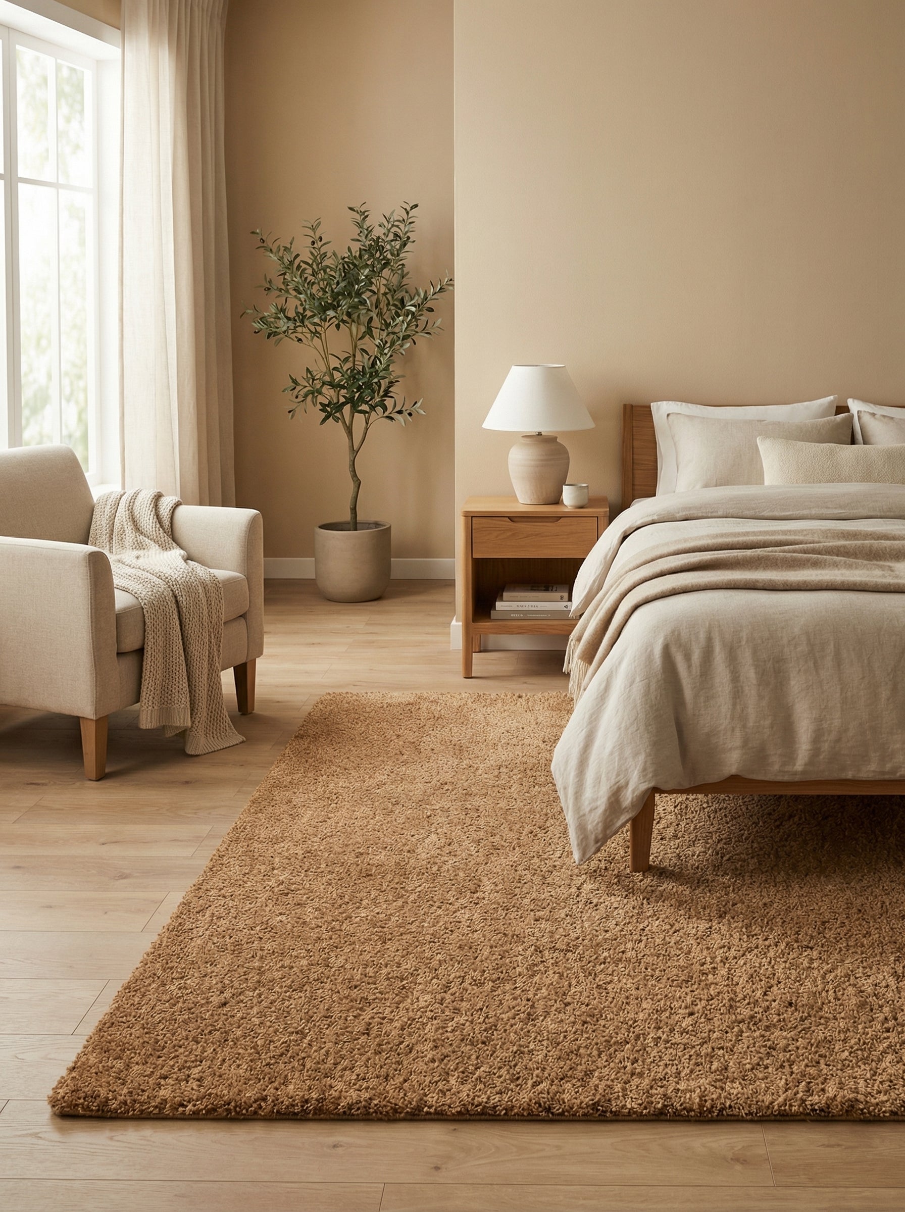 Grand tapis shaggy moelleux de couleur caramel recouvrant le plancher de bois clair d'une chambre