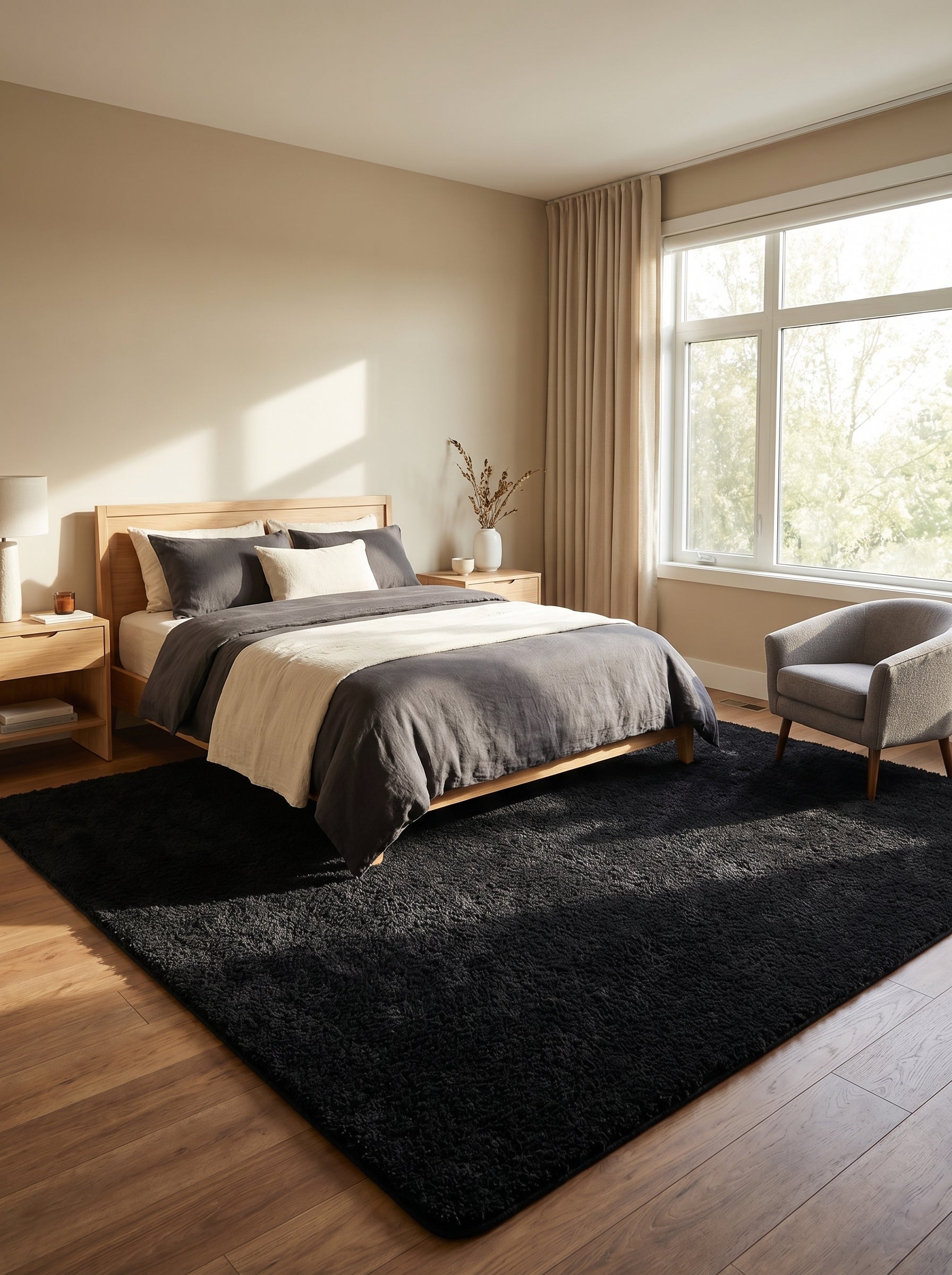 Tapis rectangulaire noir à poils longs et doux posé sous un lit dans une chambre moderne