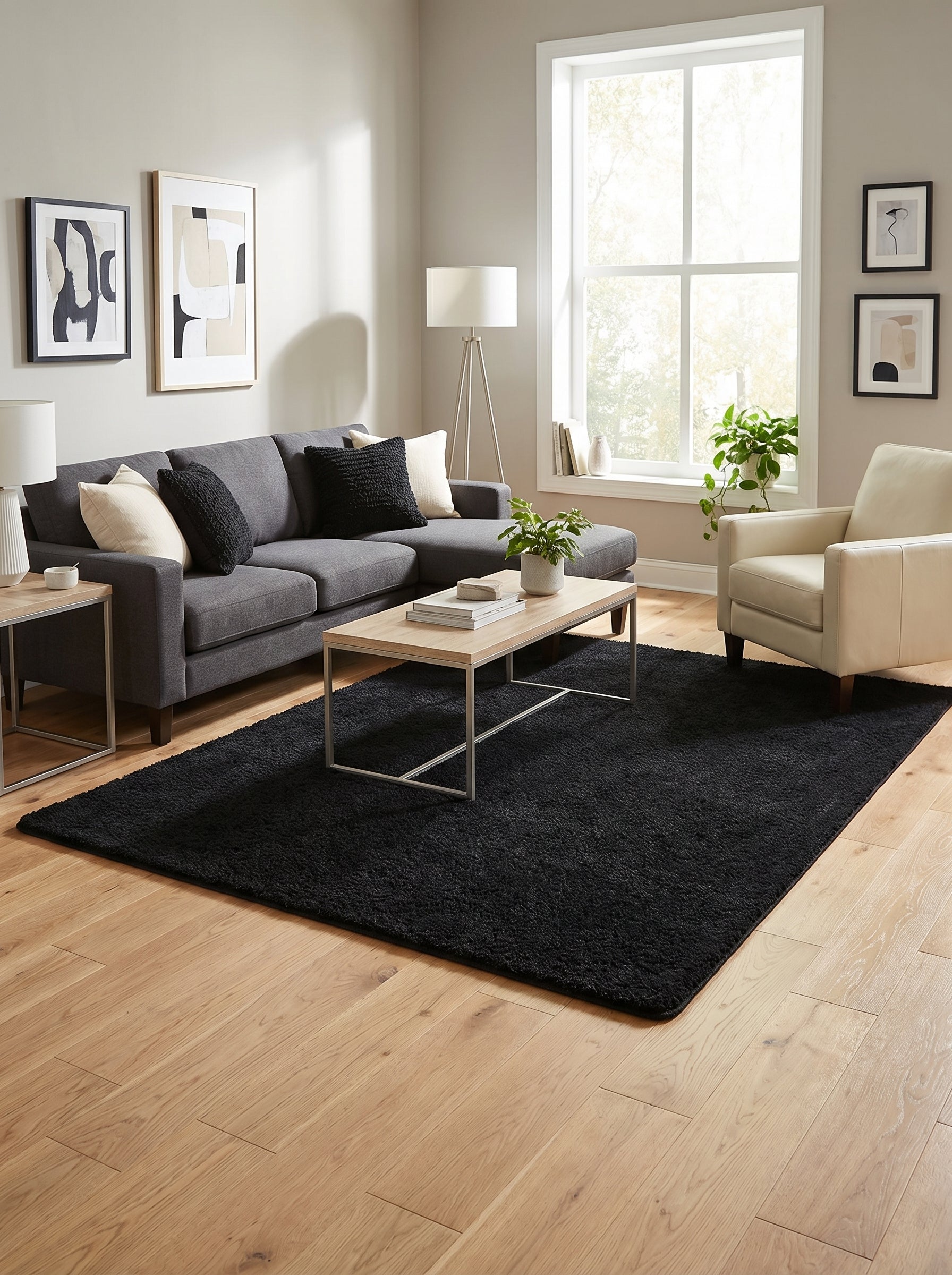 Tapis rectangulaire noir à poils longs posé sur un plancher en bois clair, devant un canapé gris dans un salon moderne