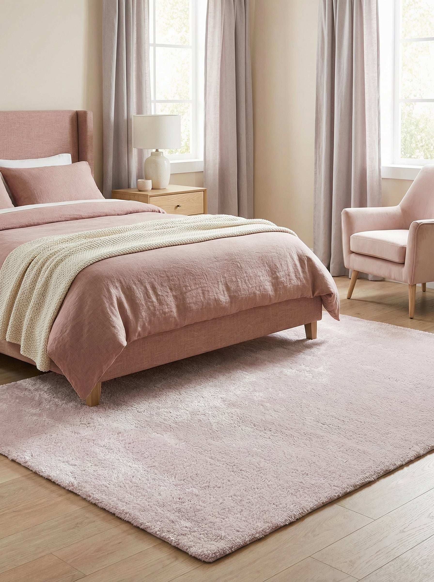 Tapis rectangulaire rose poudré à poils longs et texture moelleuse, posé sur un sol en bois clair dans une chambre douce