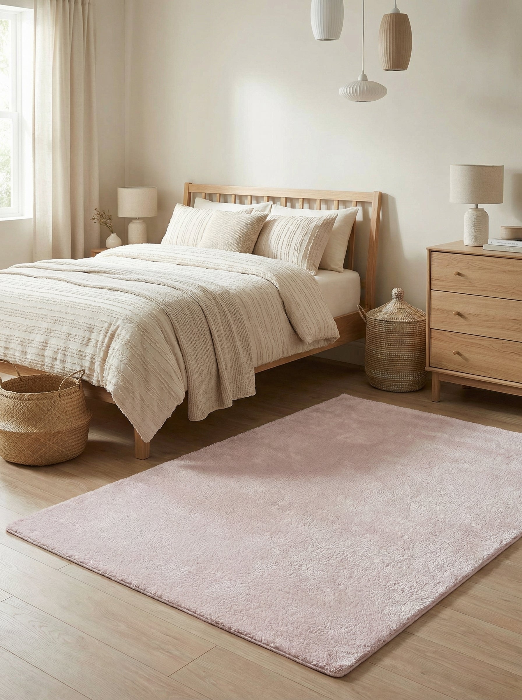 Tapis rectangulaire rose pâle à poils longs et moelleux, posé sur un parquet clair dans une chambre lumineuse