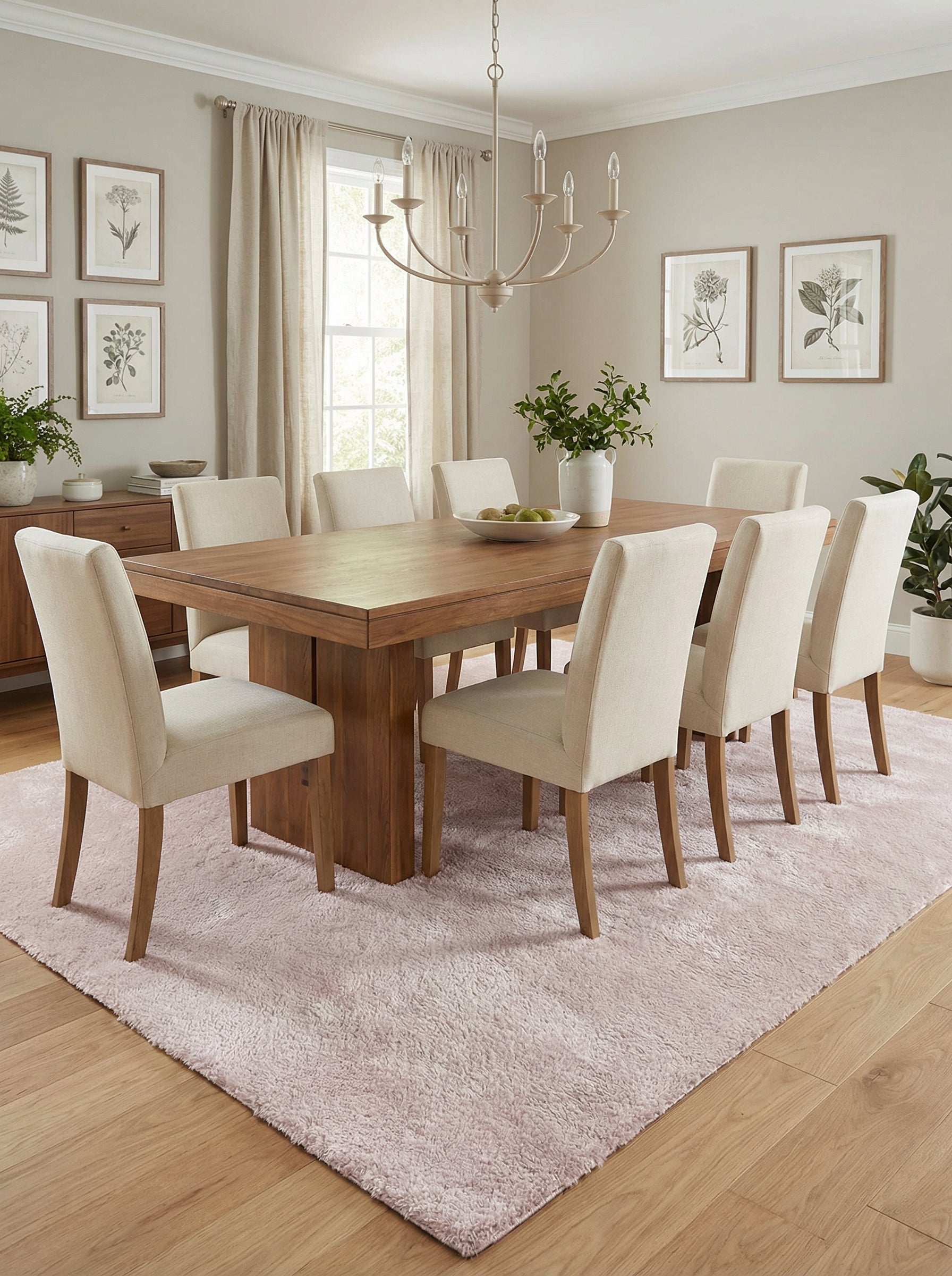 Grand tapis rectangulaire rose pâle shaggy et moelleux, posé sous une table à manger dans une salle à manger lumineuse