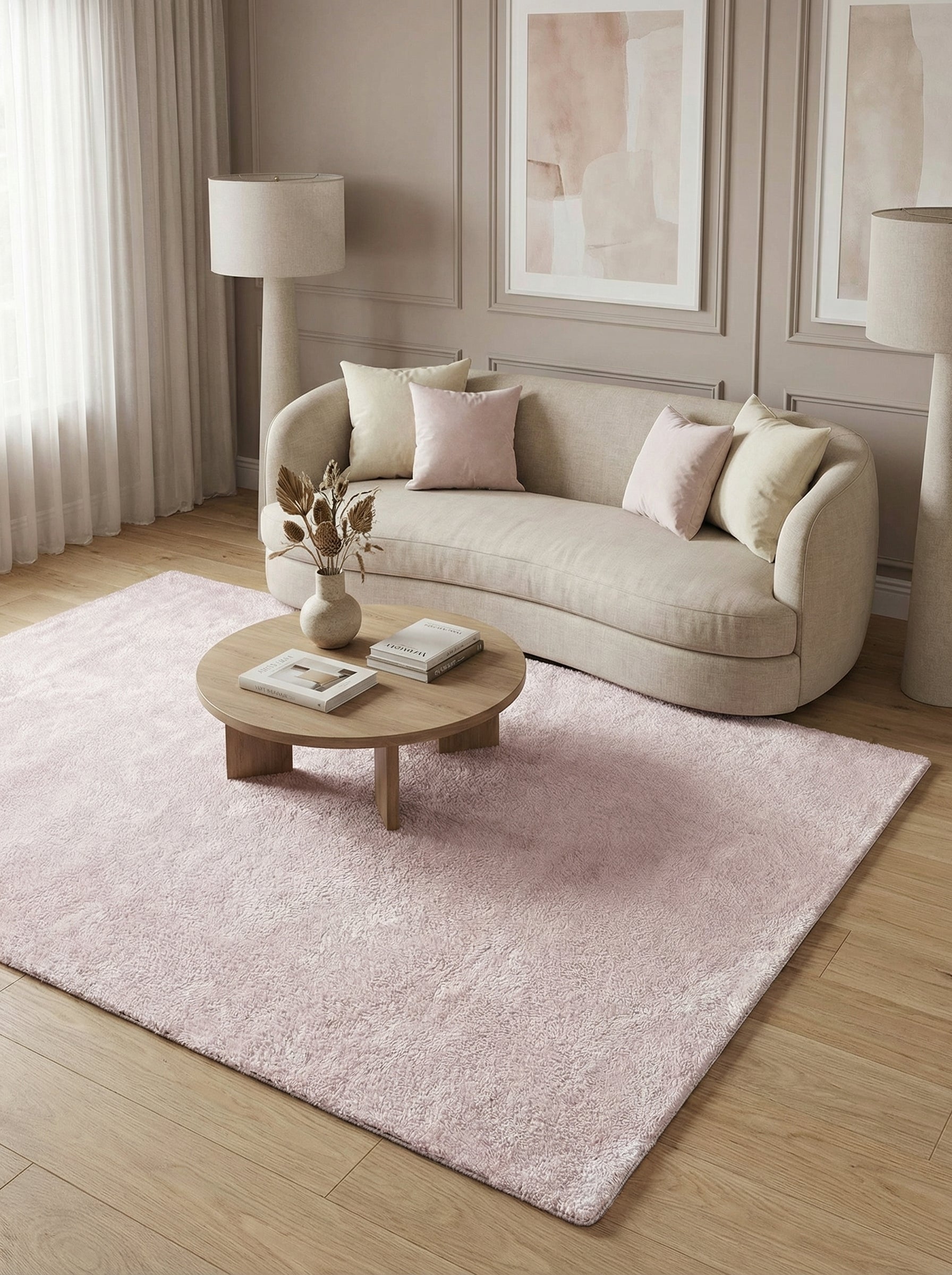 Tapis rectangulaire rose pâle à poils longs et doux, posé sur un parquet clair dans un salon moderne aux tons neutres