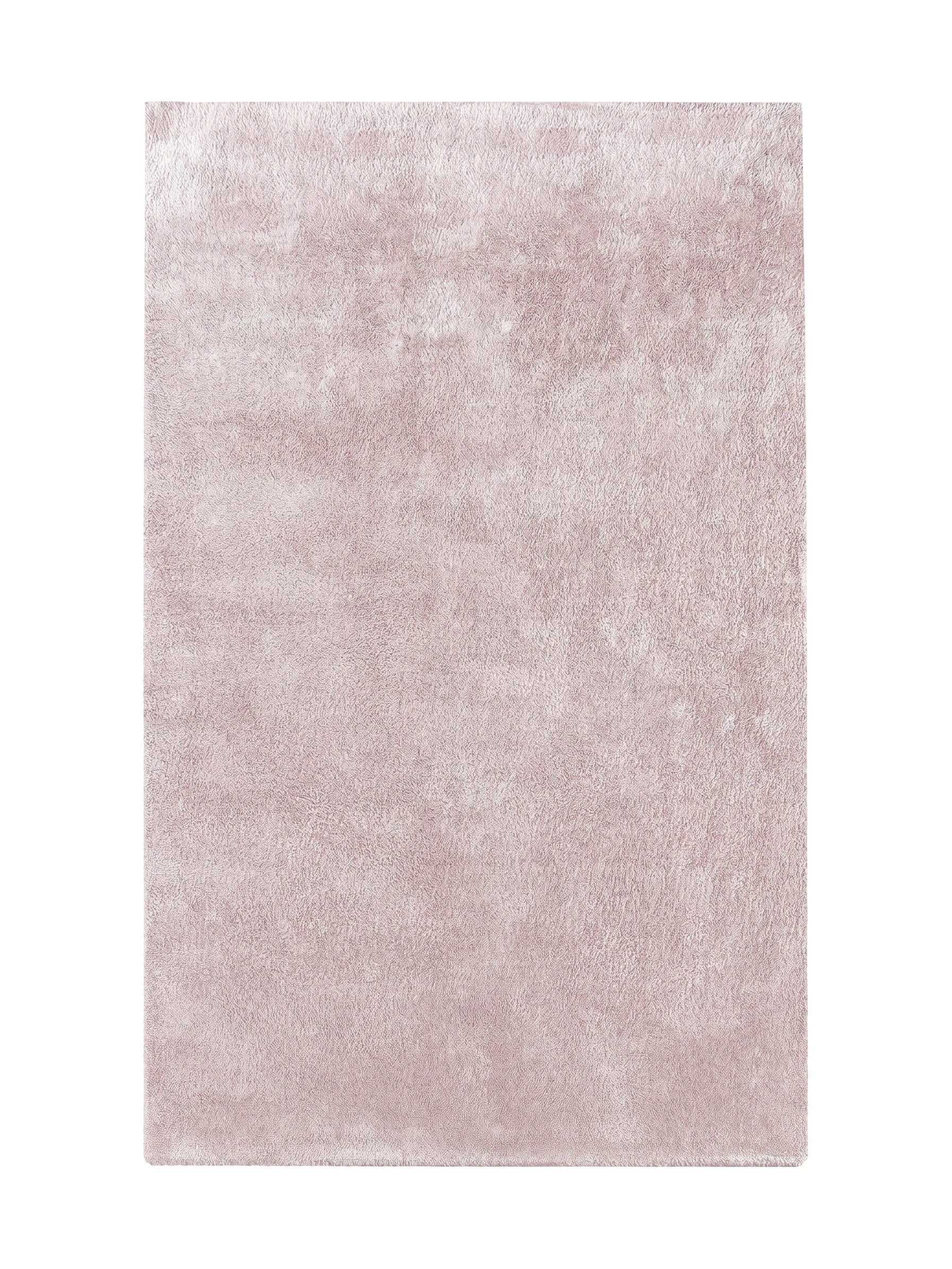 Tapis rectangulaire rose pâle avec une texture longue et douce, comme une fourrure fine et moelleuse