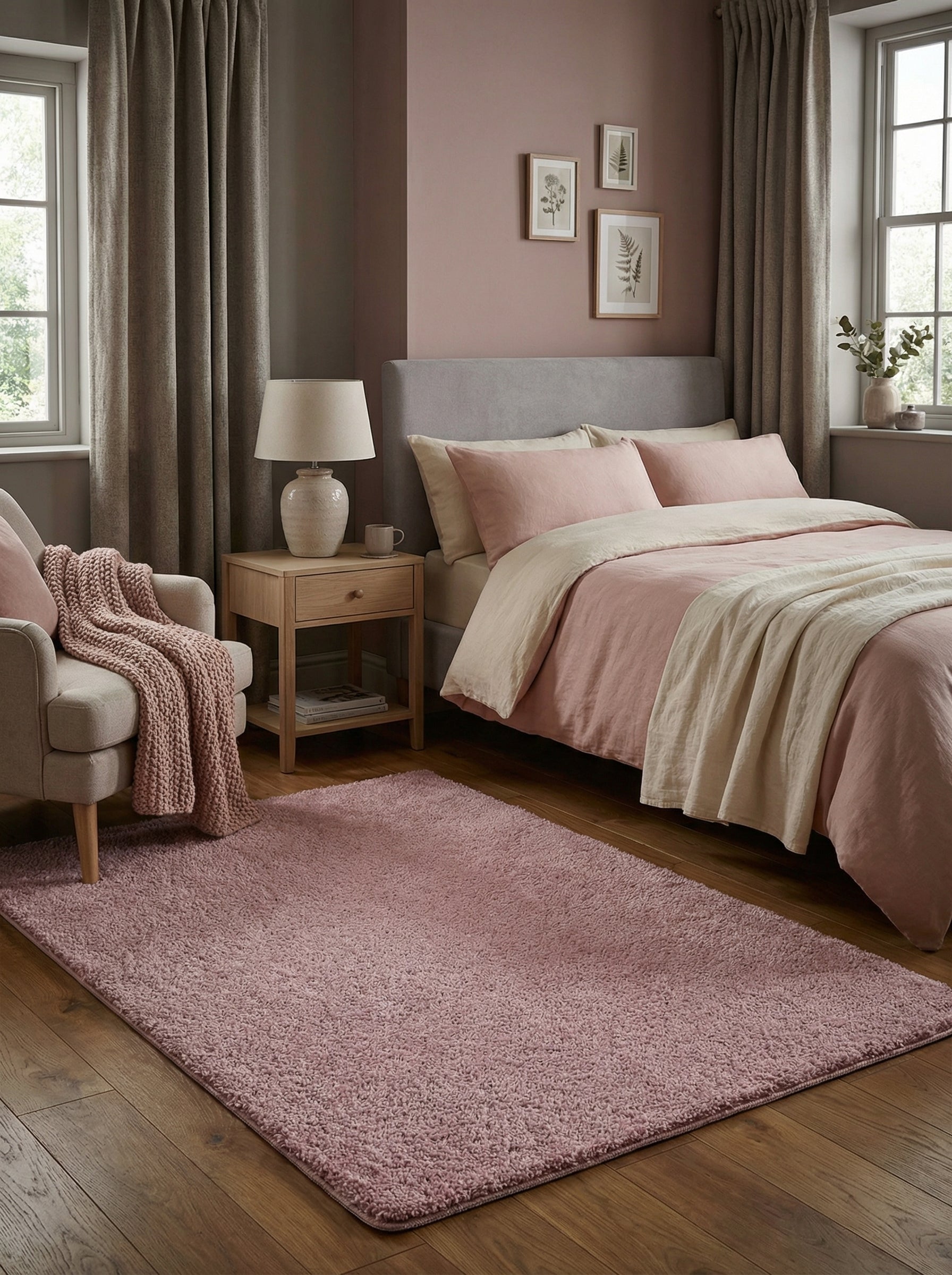 Tapis rectangulaire shaggy aux poils longs rose poudré, posé sur un parquet dans une chambre décorée aux tons doux