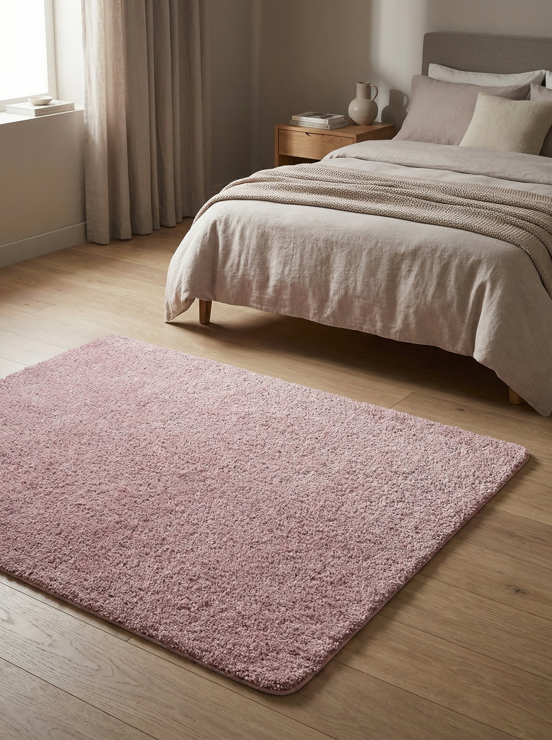 Tapis rectangulaire rose poudré à poils longs et moelleux, posé sur un parquet clair dans une chambre