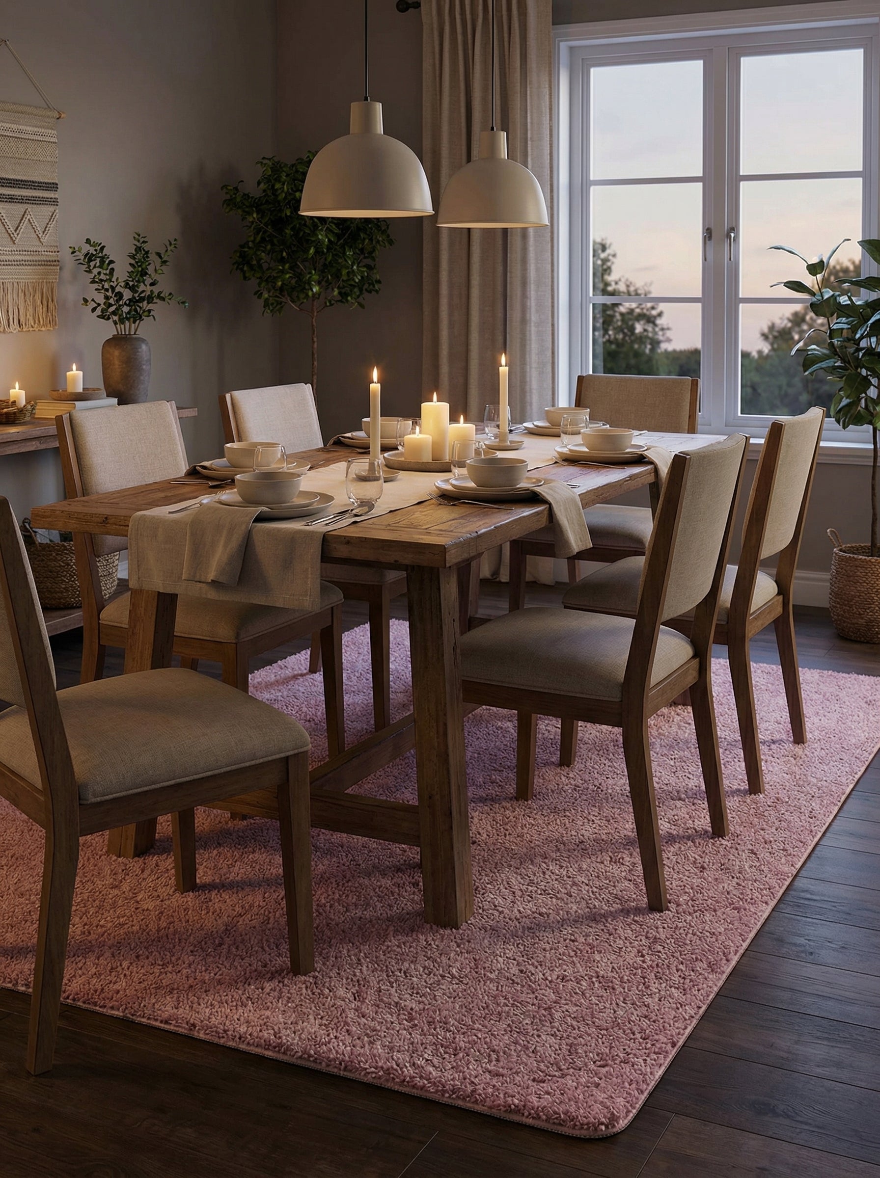 Tapis rectangulaire rose pâle à poils longs et moelleux, posé sous une table en bois dans une salle à manger