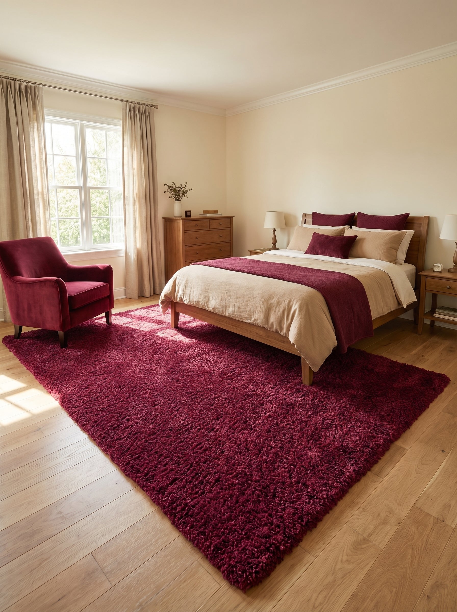 Tapis shaggy rectangulaire bordeaux à poils longs couvrant la majeure partie du sol en parquet clair d'une chambre à coucher cosy